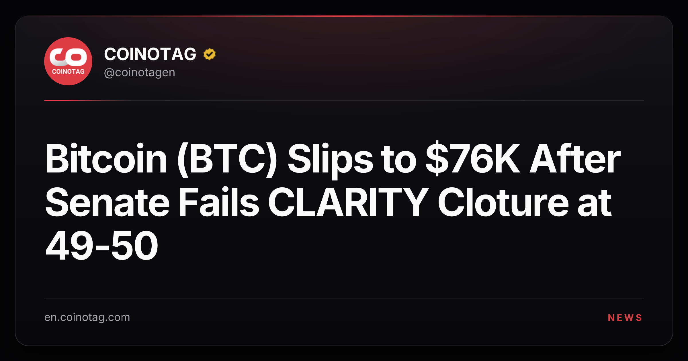 Bitcoin (BTC) Slips to $76K After Senate Fails CLARITY Cloture at 49-50