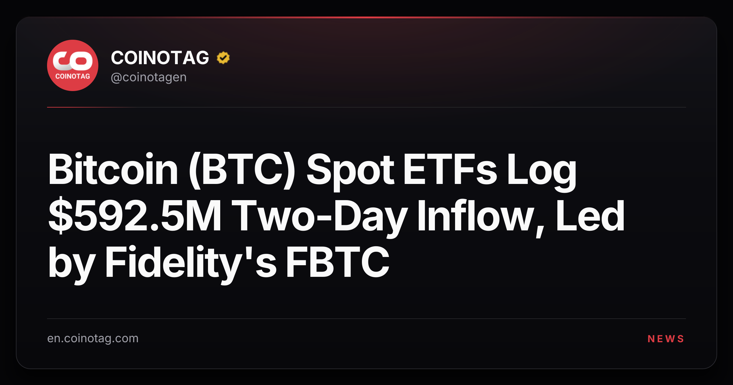Bitcoin (BTC) Spot ETFs Log $592.5M Two-Day Inflow, Led by Fidelity's FBTC
