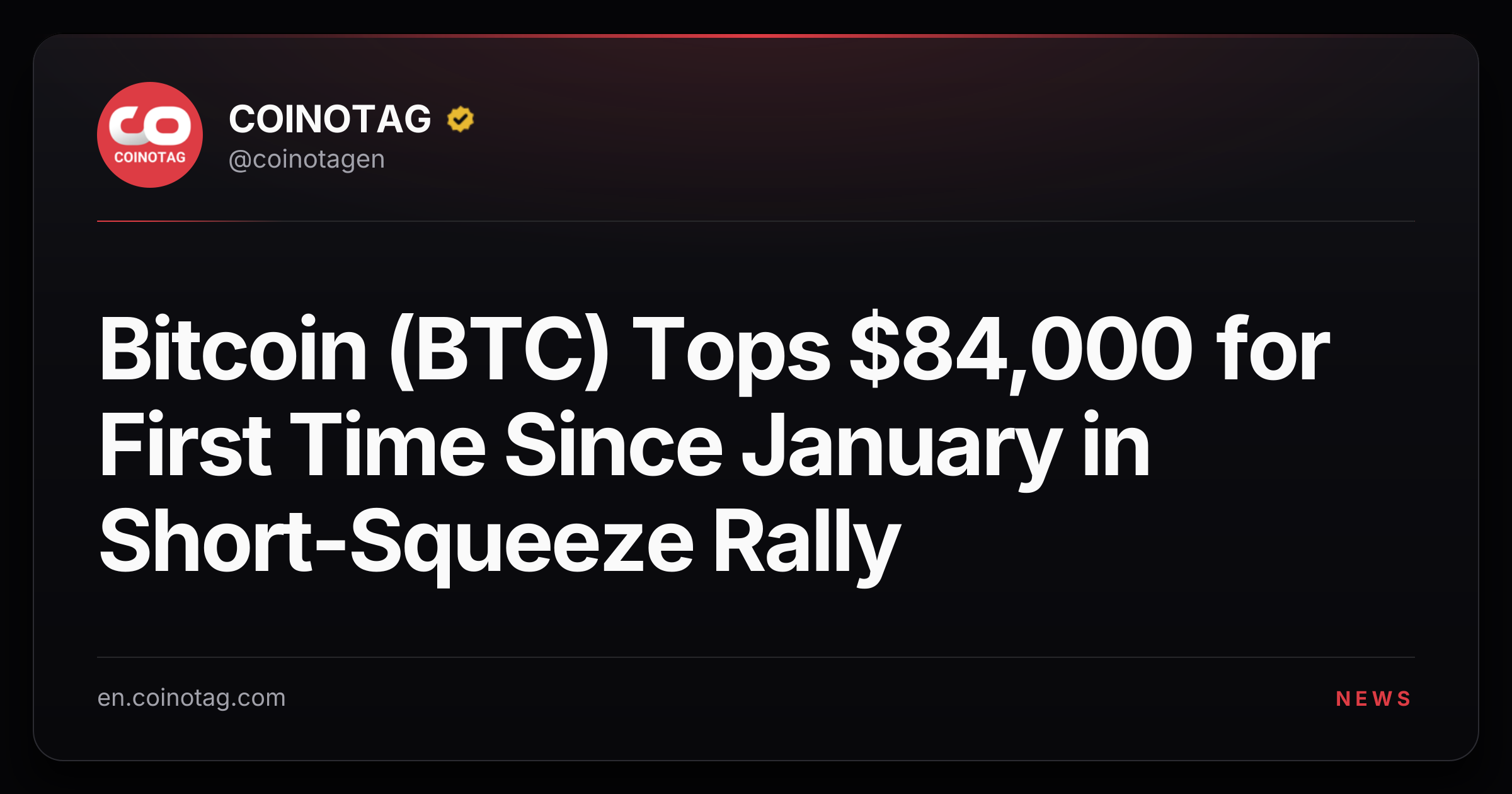 Bitcoin (BTC) Tops $84,000 for First Time Since January in Short-Squeeze Rally