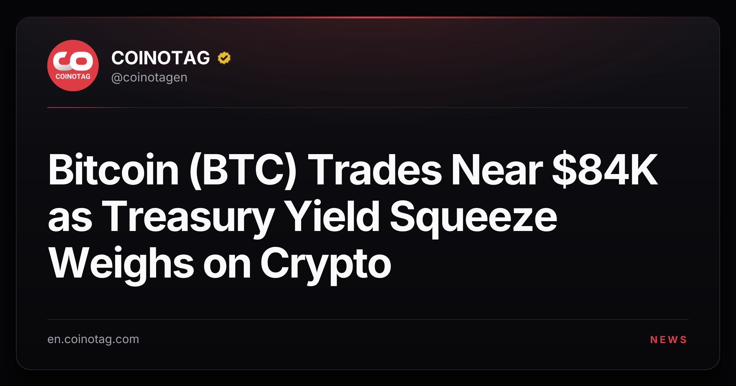 Bitcoin (BTC) Trades Near $84K as Treasury Yield Squeeze Weighs on Crypto