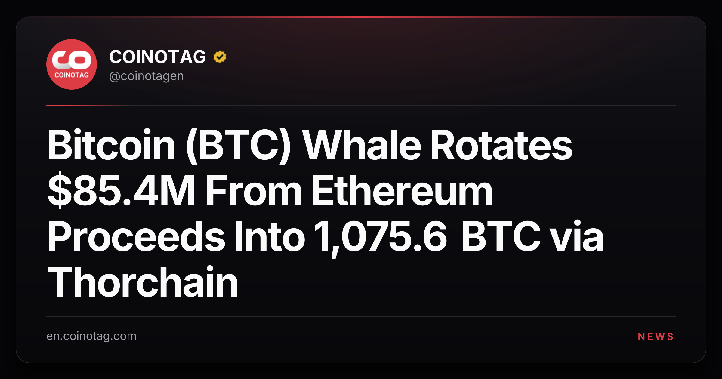 Bitcoin (BTC) Whale Rotates $85.4M From Ethereum Proceeds Into 1,075.6 BTC via Thorchain