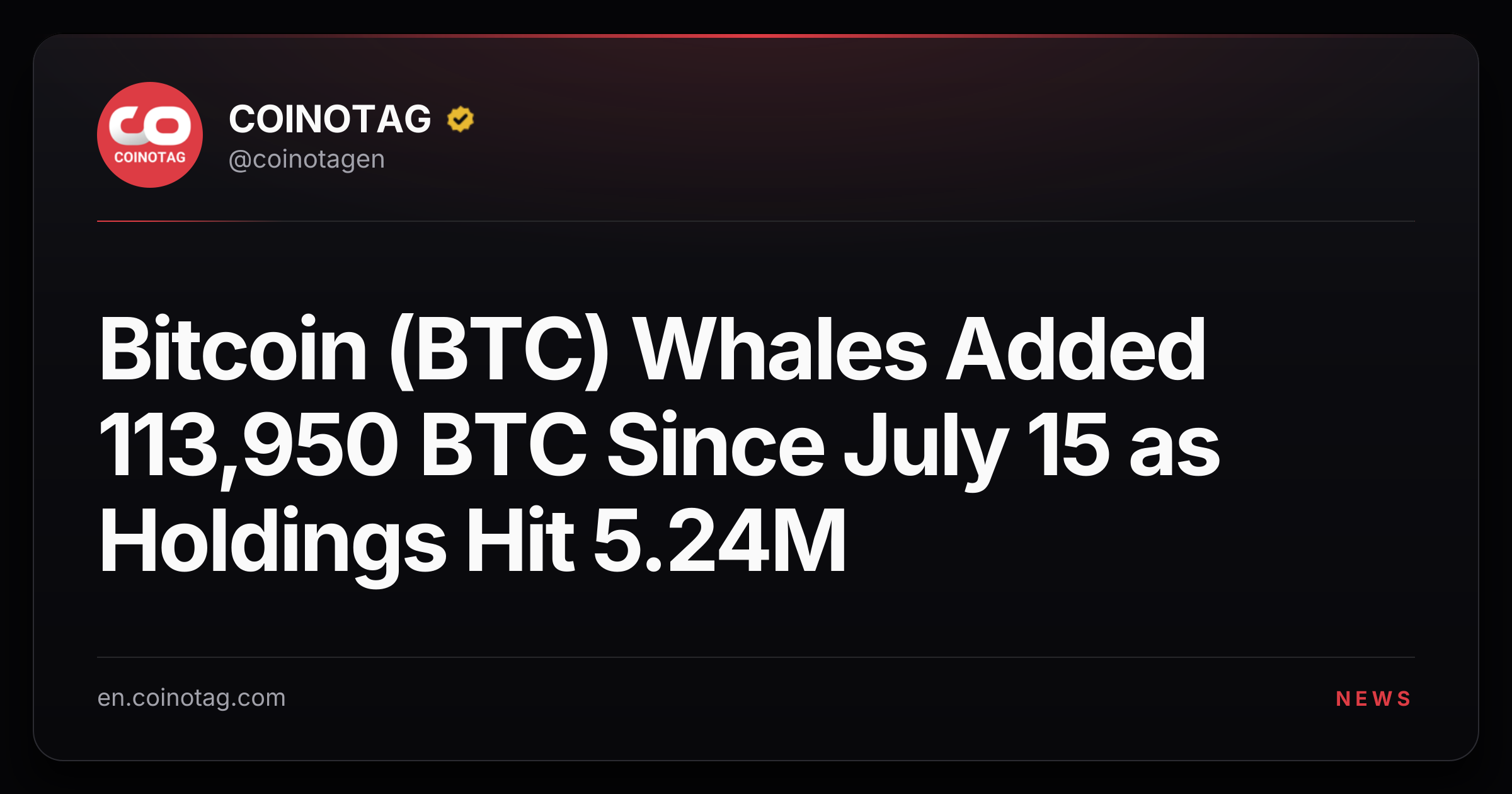 Bitcoin (BTC) Whales Added 113,950 BTC Since July 15 as Holdings Hit 5.24M