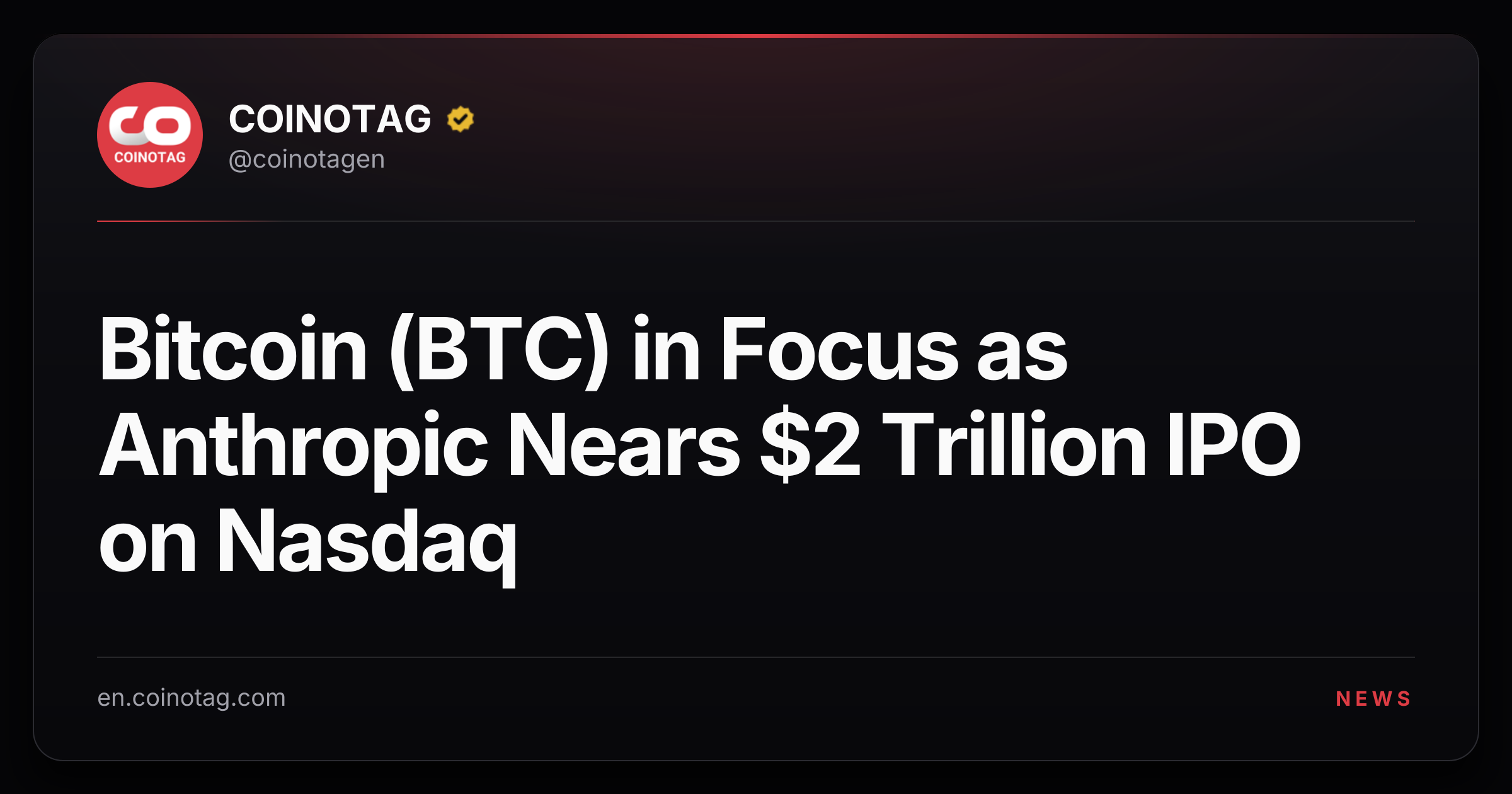 Bitcoin (BTC) in Focus as Anthropic Nears $2 Trillion IPO on Nasdaq