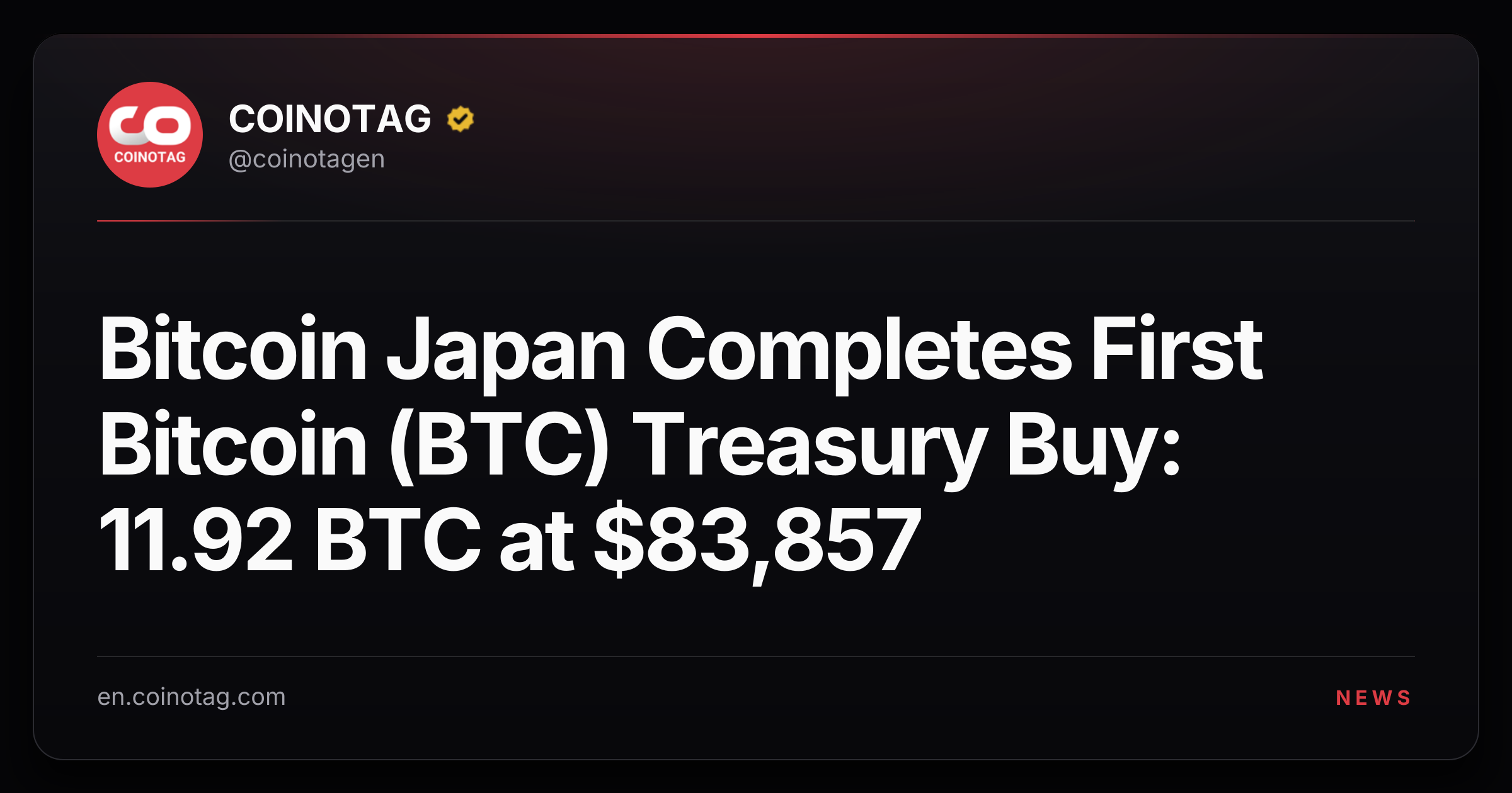Bitcoin Japan Completes First Bitcoin (BTC) Treasury Buy: 11.92 BTC at $83,857