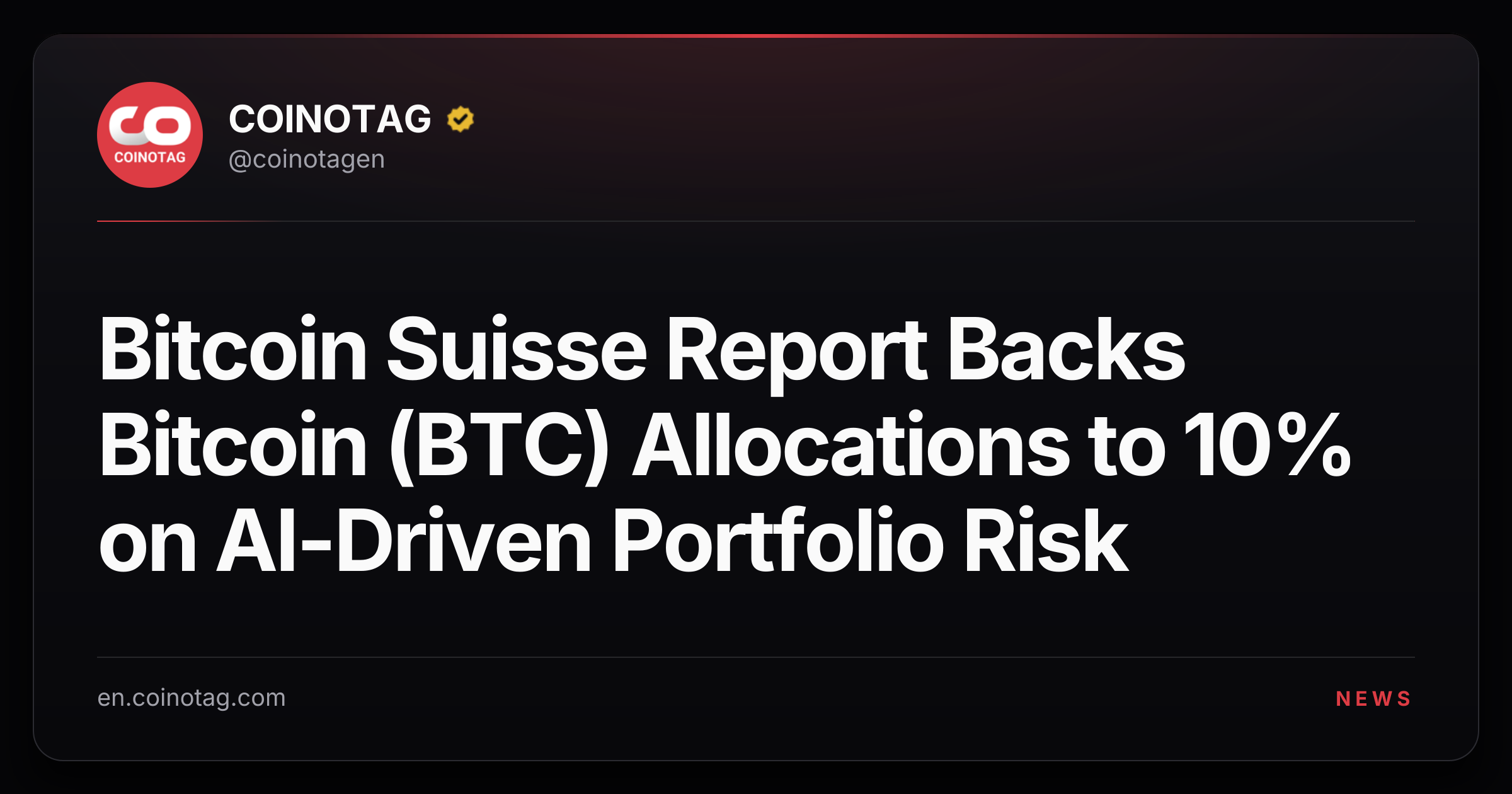 Bitcoin Suisse Report Backs Bitcoin (BTC) Allocations to 10% on AI-Driven Portfolio Risk