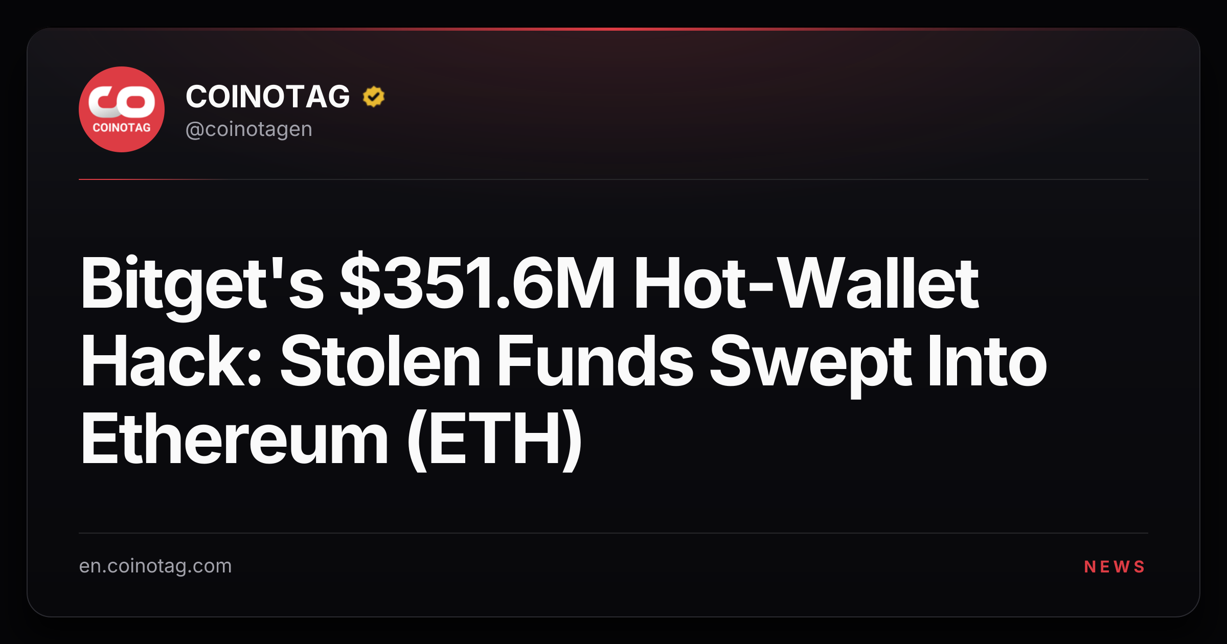 Bitget's $351.6M Hot-Wallet Hack: Stolen Funds Swept Into Ethereum (ETH)