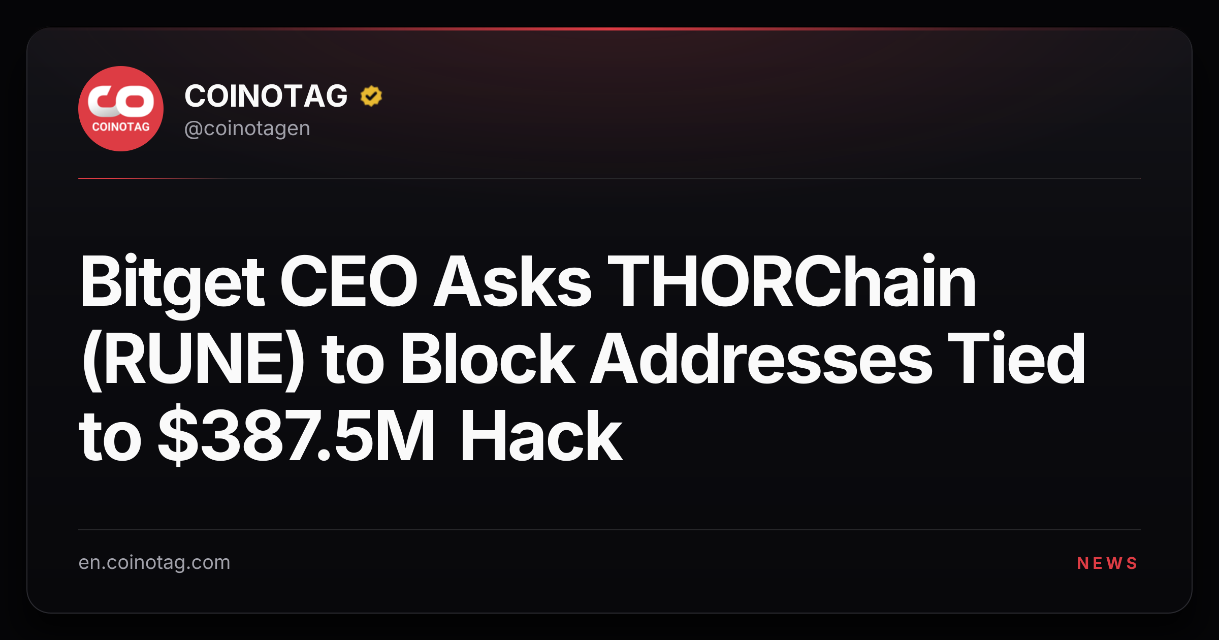 Bitget CEO Asks THORChain (RUNE) to Block Addresses Tied to $387.5M Hack