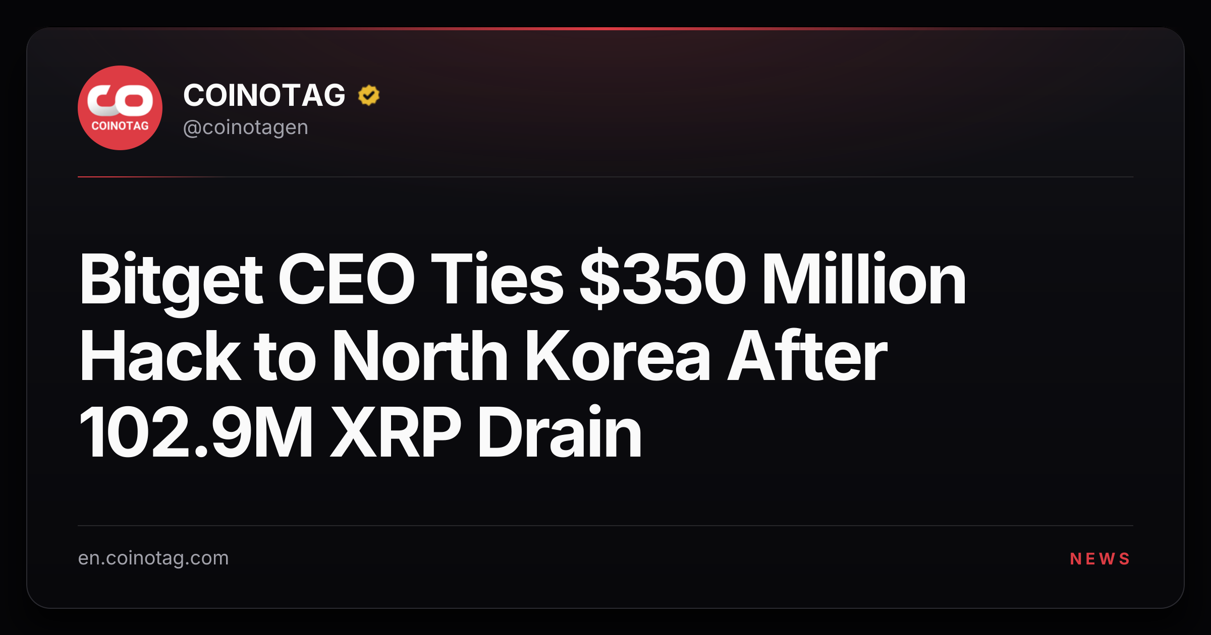 Bitget CEO Ties $350 Million Hack to North Korea After 102.9M XRP Drain