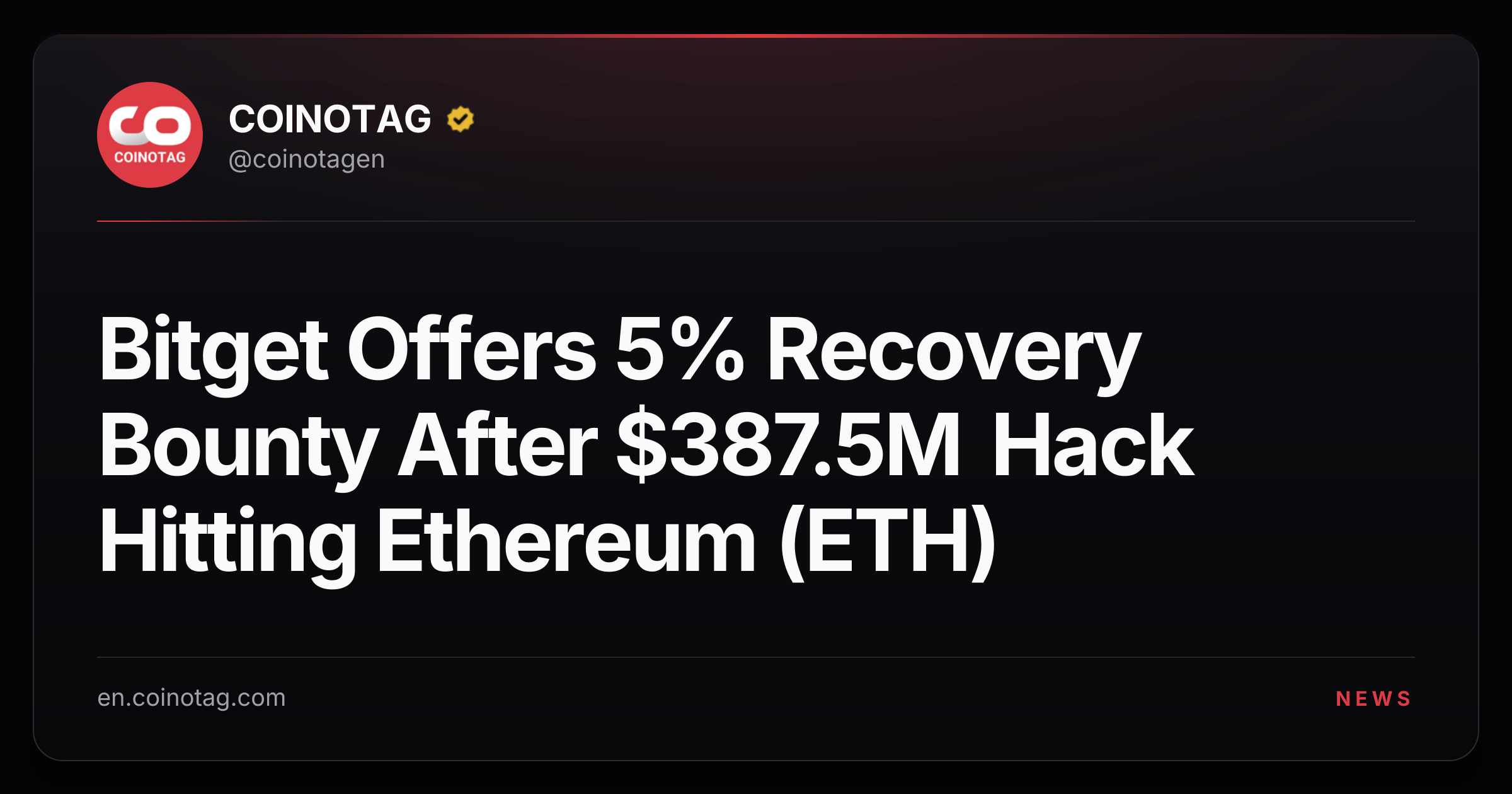 Bitget Offers 5% Recovery Bounty After $387.5M Hack Hitting Ethereum (ETH)