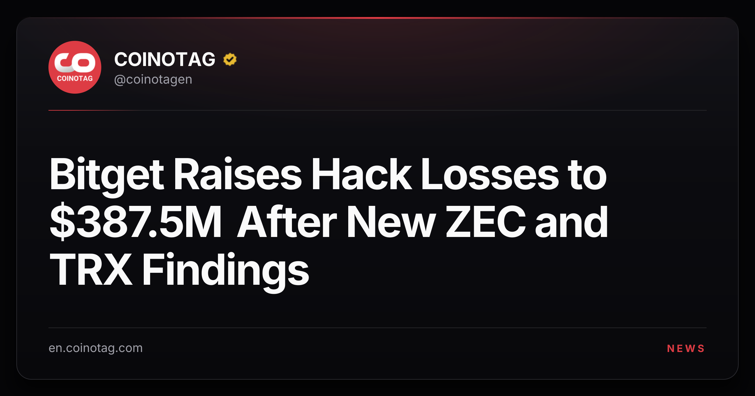 Bitget Raises Hack Losses to $387.5M After New ZEC and TRX Findings