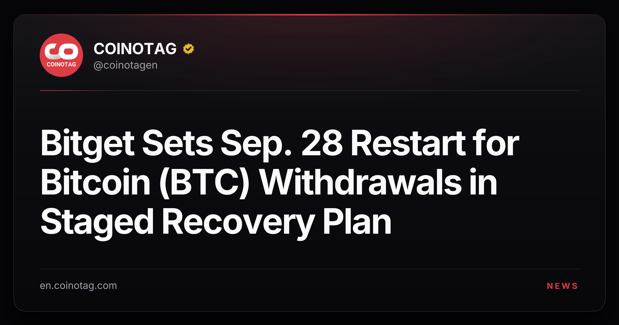 Bitget Sets Sep. 28 Restart for Bitcoin (BTC) Withdrawals in Staged Recovery Plan