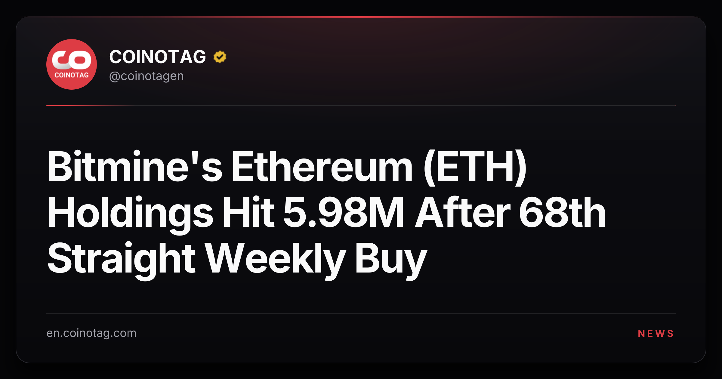 Bitmine's Ethereum (ETH) Holdings Hit 5.98M After 68th Straight Weekly Buy