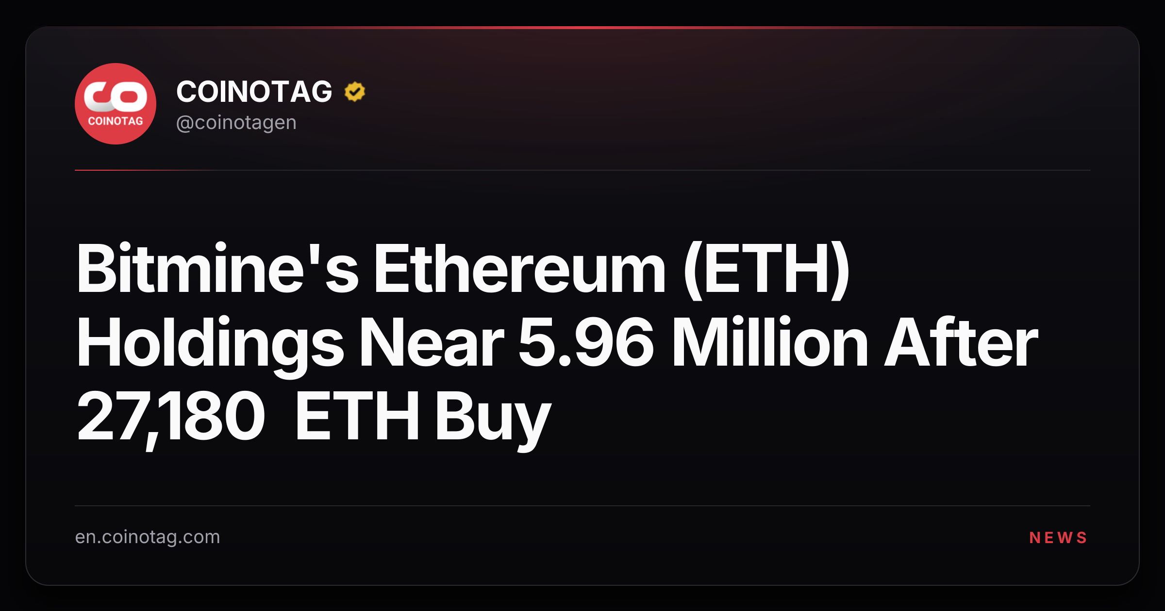 Bitmine's Ethereum (ETH) Holdings Near 5.96 Million After 27,180 ETH Buy