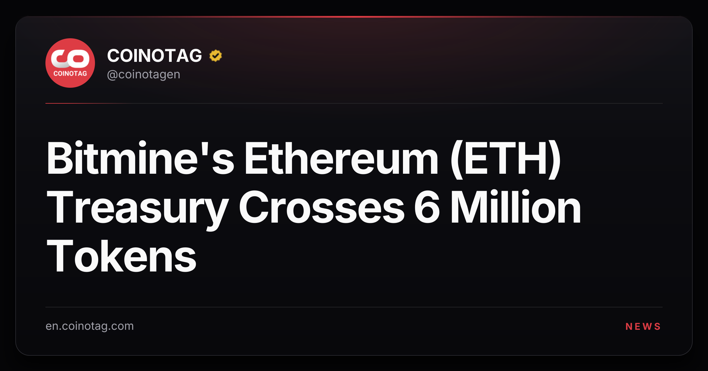 Bitmine's Ethereum (ETH) Treasury Crosses 6 Million Tokens