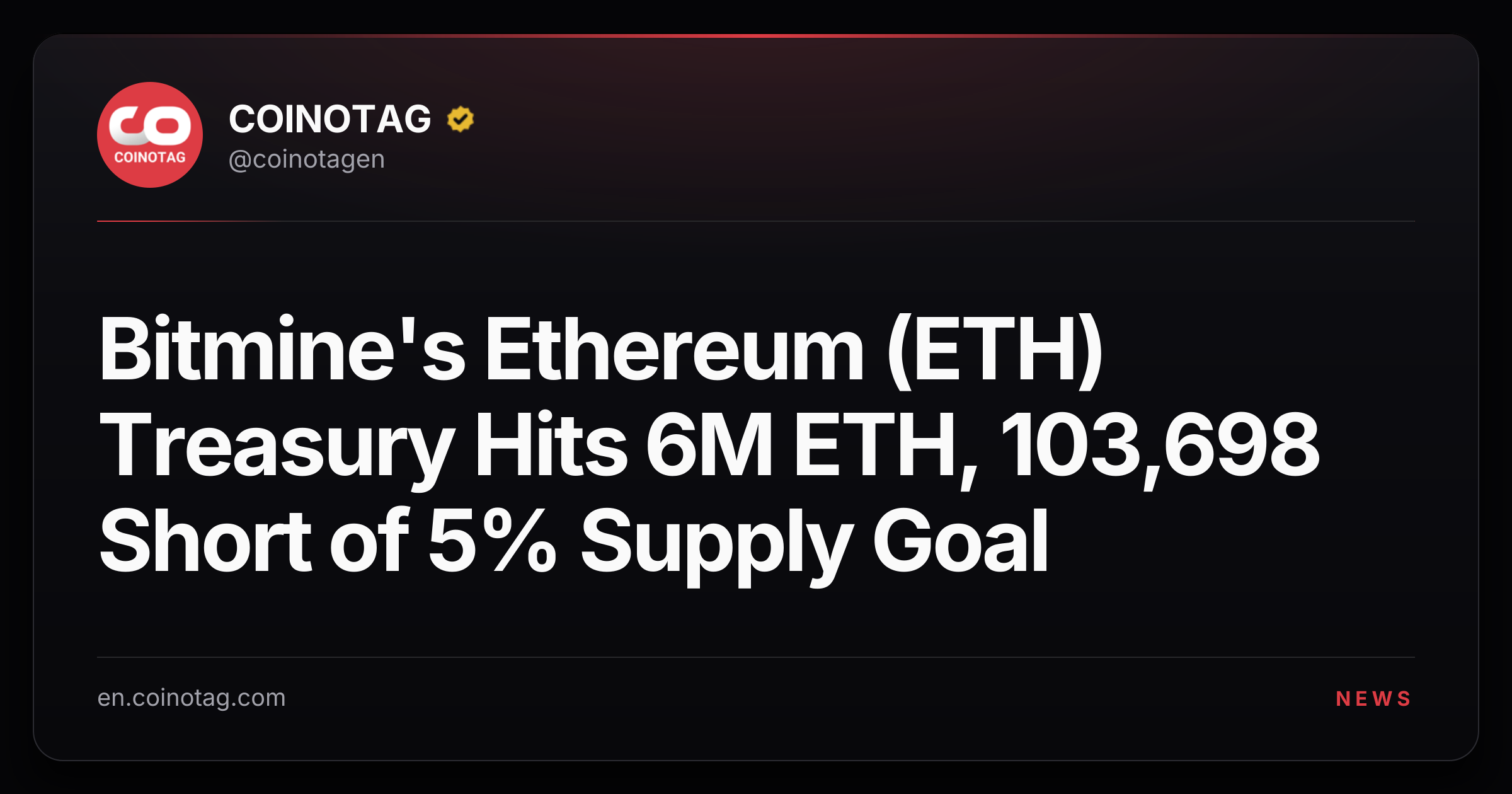 Bitmine's Ethereum (ETH) Treasury Hits 6M ETH, 103,698 Short of 5% Supply Goal