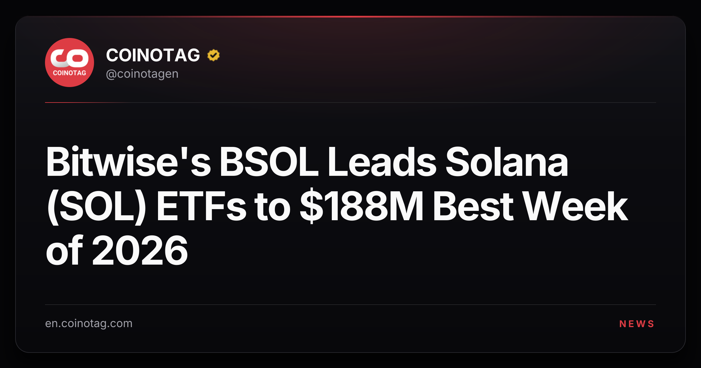 Bitwise's BSOL Leads Solana (SOL) ETFs to $188M Best Week of 2026