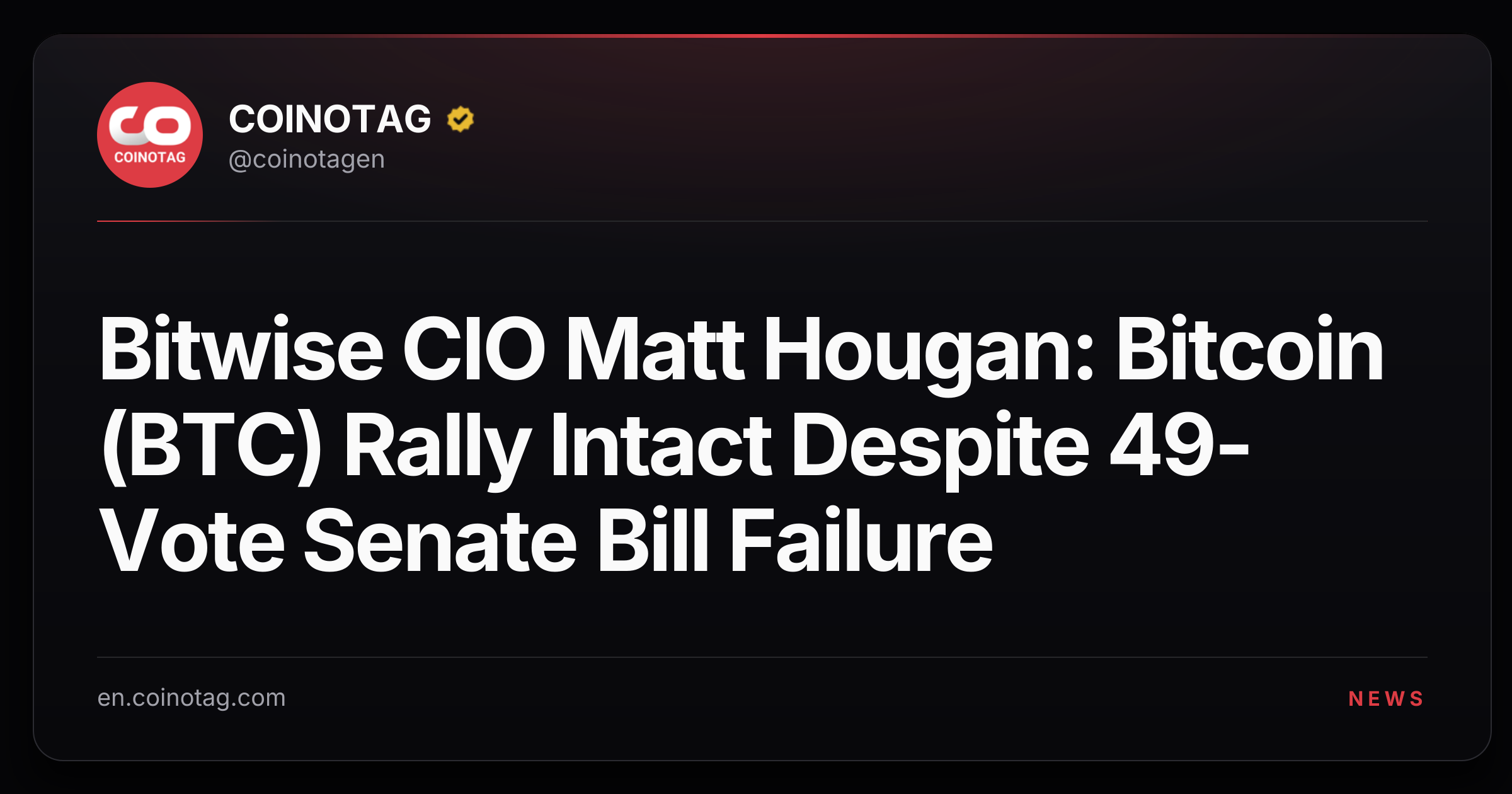 Bitwise CIO Matt Hougan: Bitcoin (BTC) Rally Intact Despite 49-Vote Senate Bill Failure