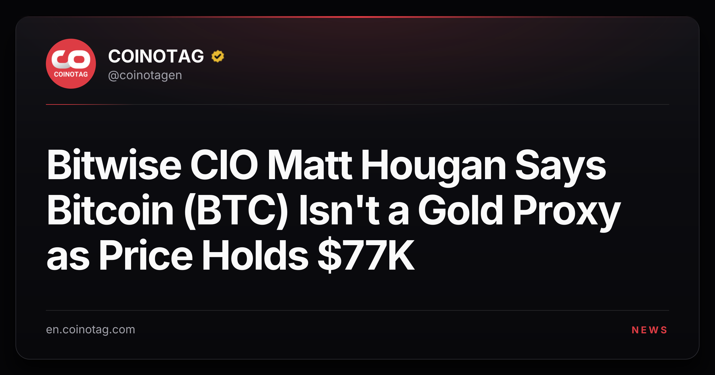 Bitwise CIO Matt Hougan Says Bitcoin (BTC) Isn't a Gold Proxy as Price Holds $77K