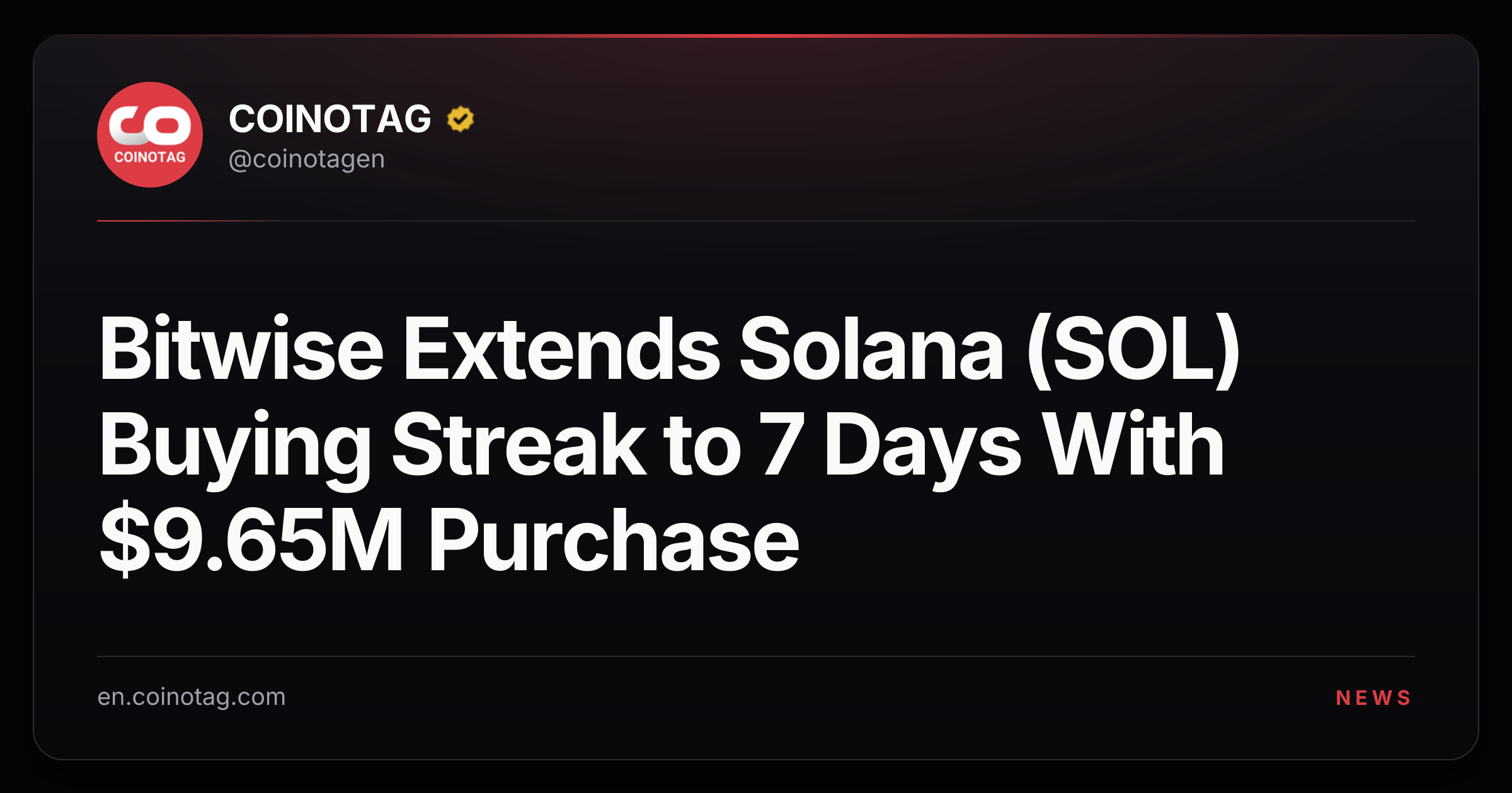 Bitwise Extends Solana (SOL) Buying Streak to 7 Days With $9.65M Purchase