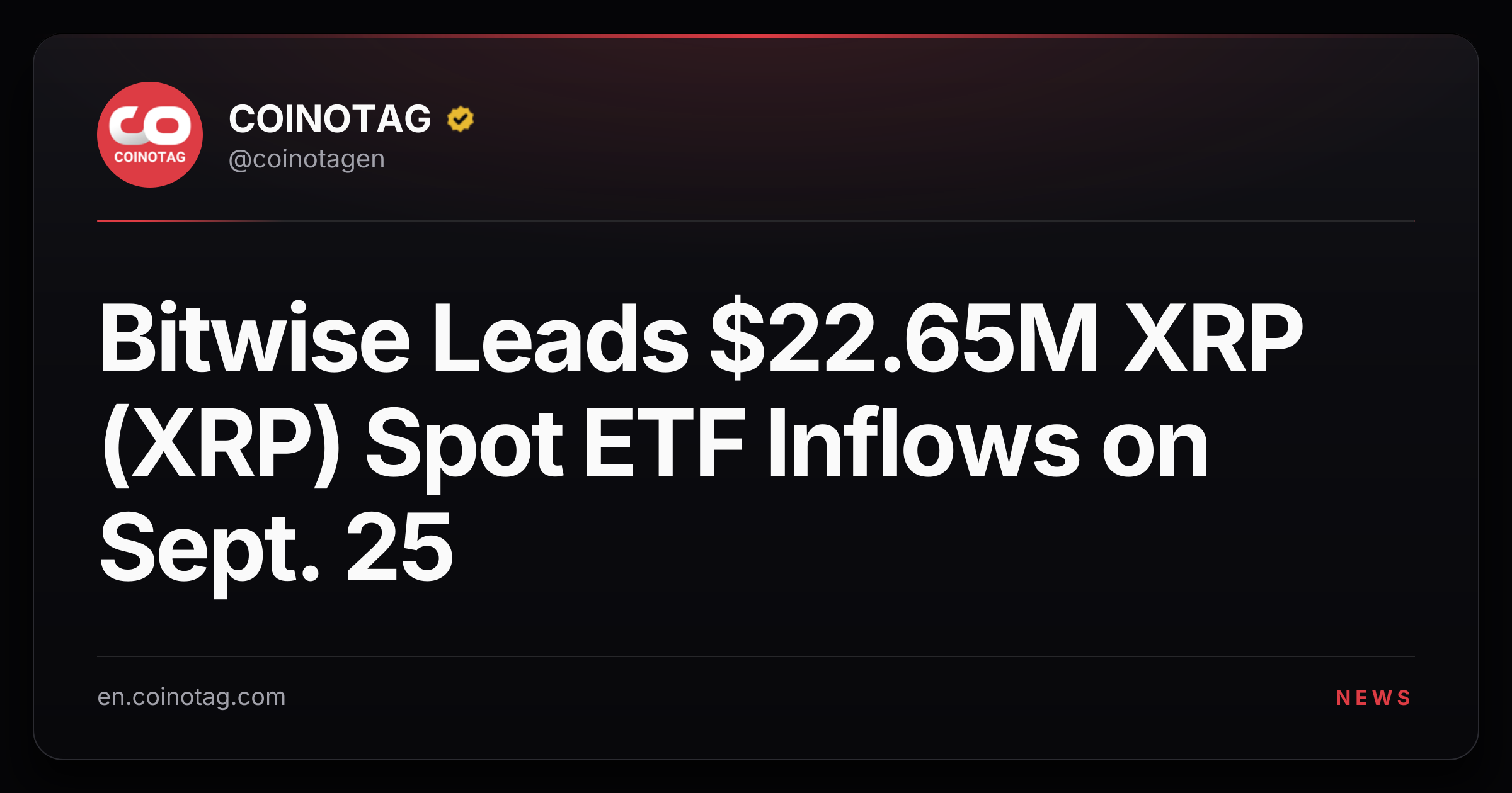 Bitwise Leads $22.65M XRP (XRP) Spot ETF Inflows on Sept. 25