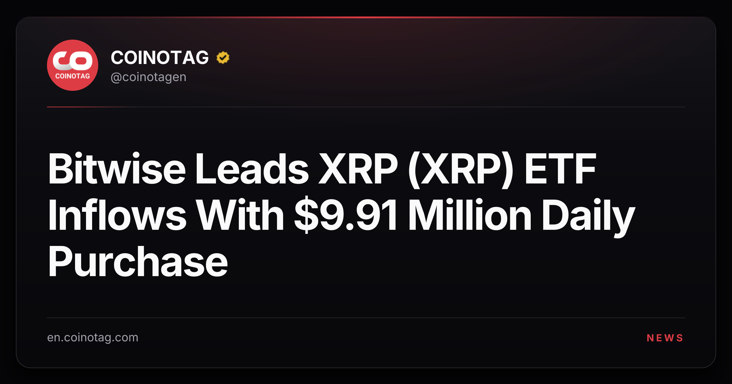 Bitwise Leads XRP (XRP) ETF Inflows With $9.91 Million Daily Purchase
