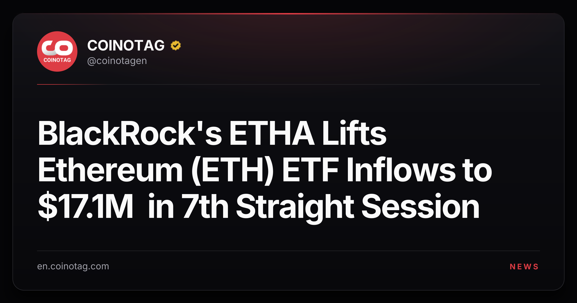 BlackRock's ETHA Lifts Ethereum (ETH) ETF Inflows to $17.1M in 7th Straight Session