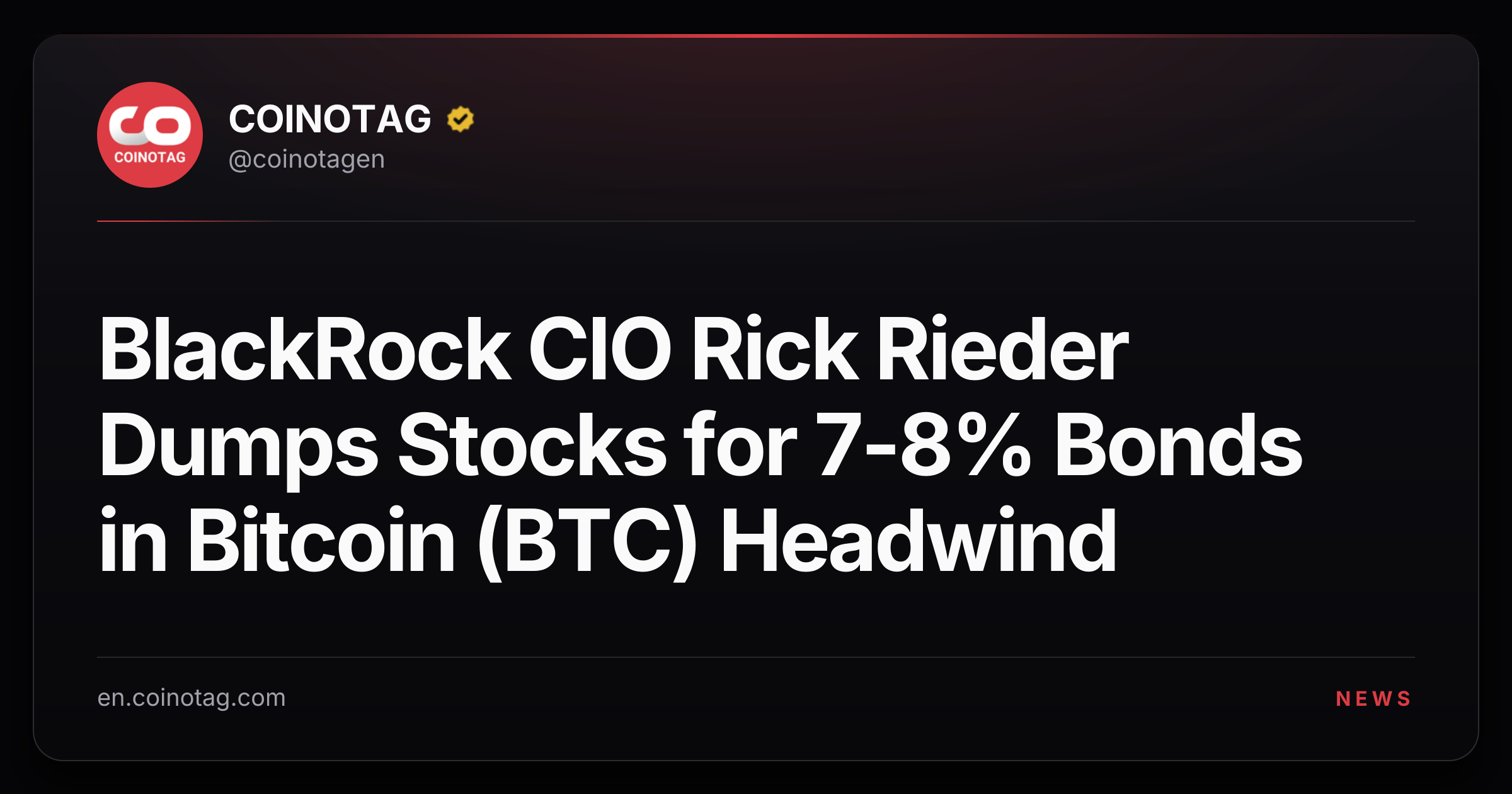 BlackRock CIO Rick Rieder Dumps Stocks for 7-8% Bonds in Bitcoin (BTC) Headwind