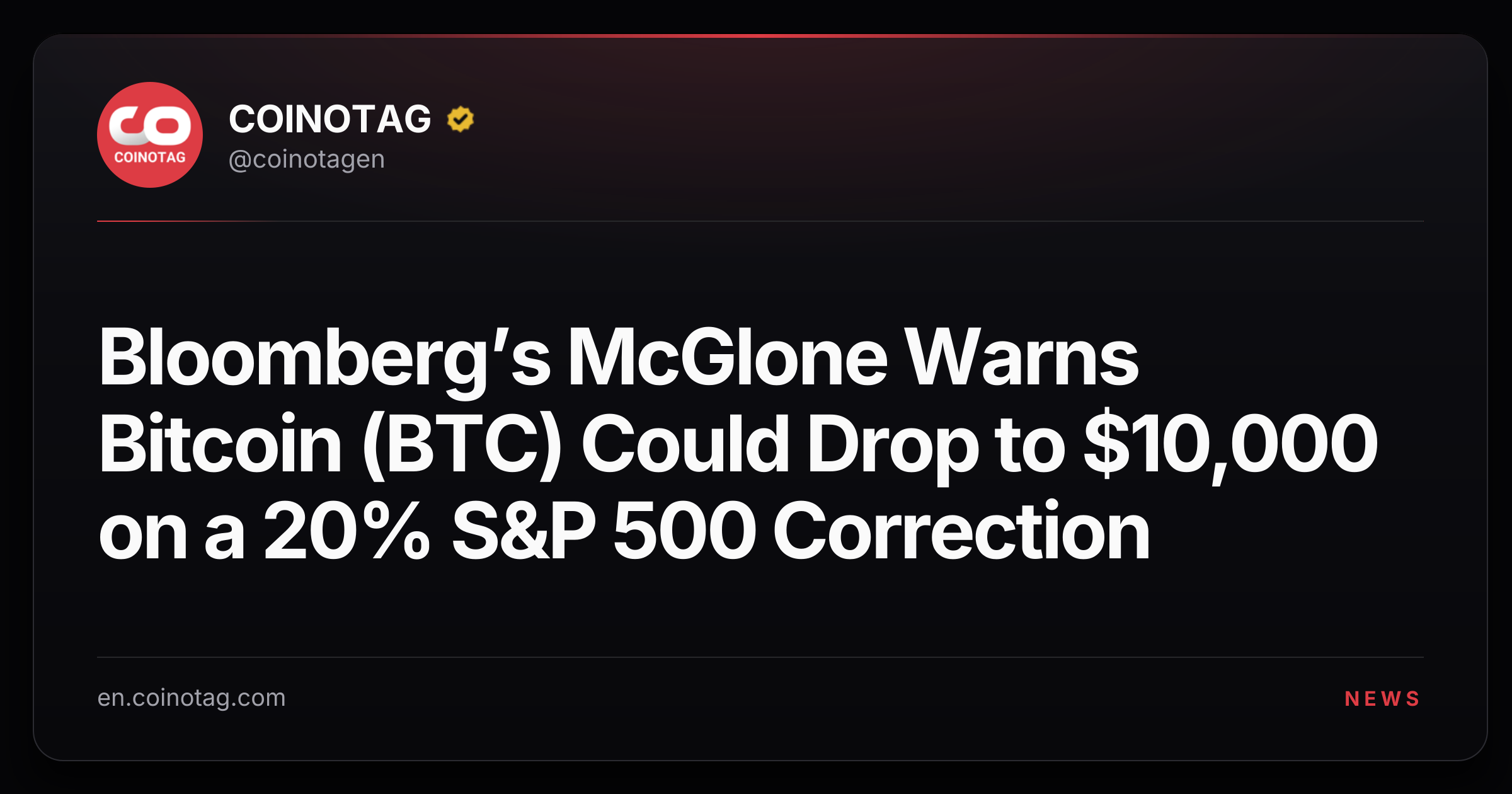 Bloomberg’s McGlone Warns Bitcoin (BTC) Could Drop to $10,000 on a 20% S&P 500 Correction