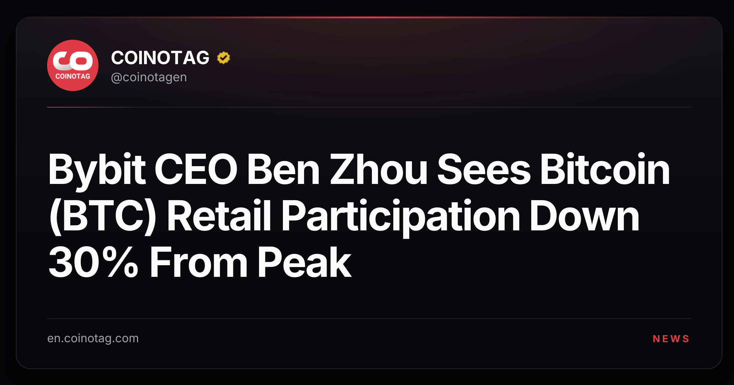 Bybit CEO Ben Zhou Sees Bitcoin (BTC) Retail Participation Down 30% From Peak