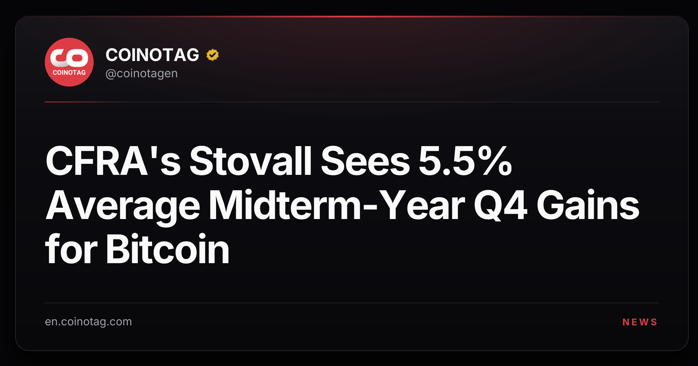 CFRA's Stovall Sees 5.5% Average Midterm-Year Q4 Gains for Bitcoin