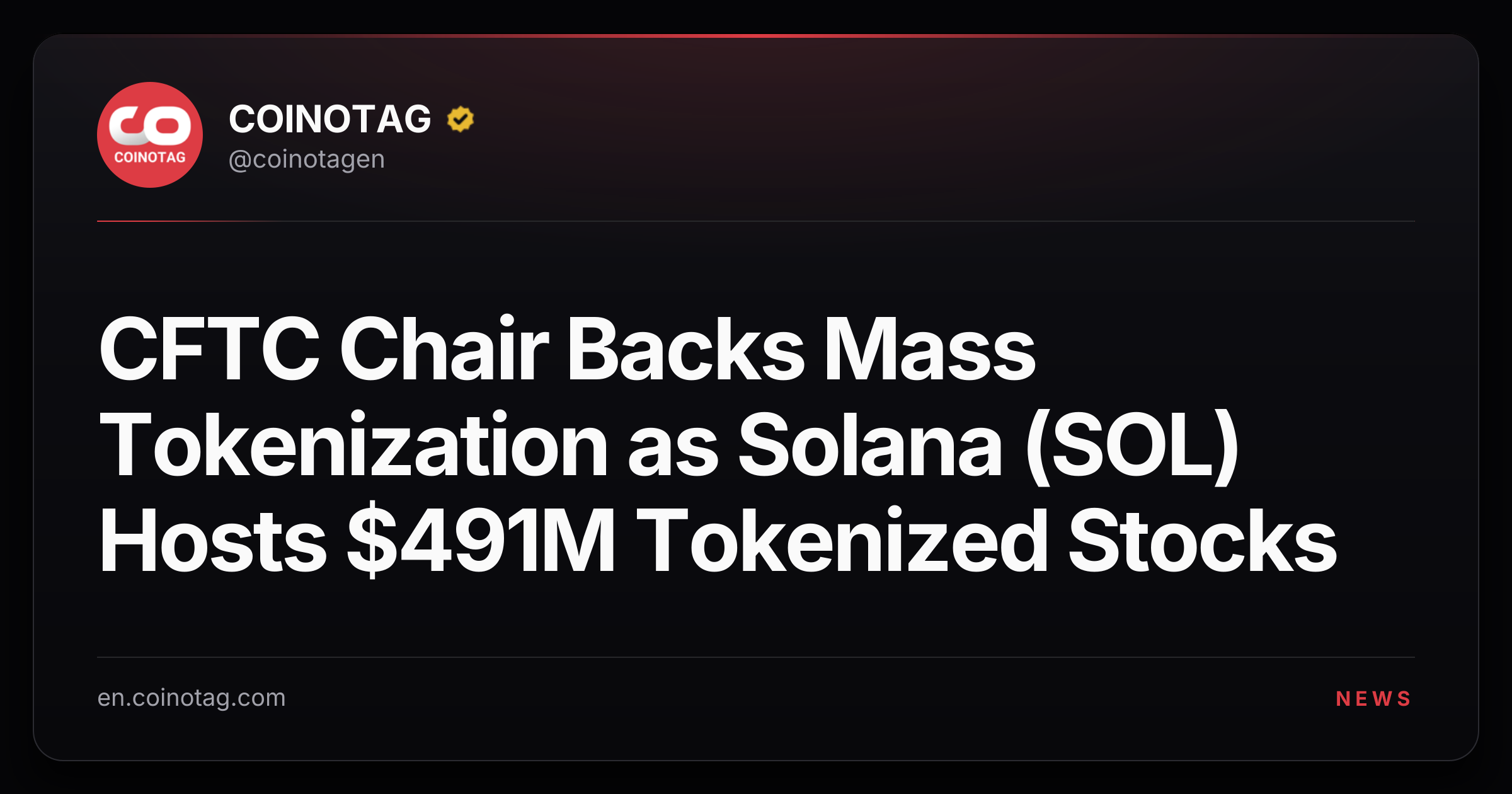 CFTC Chair Backs Mass Tokenization as Solana (SOL) Hosts $491M Tokenized Stocks