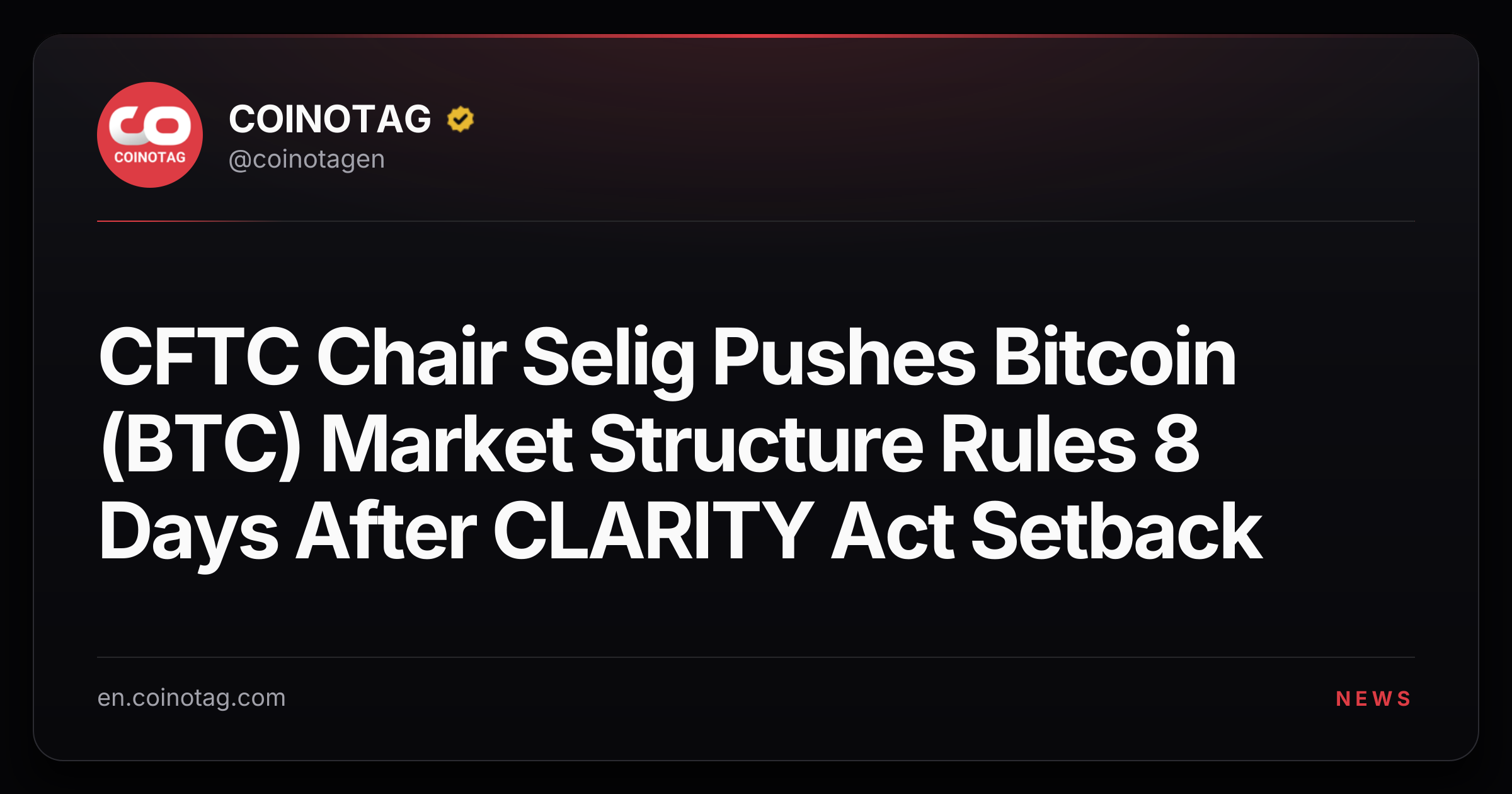 CFTC Chair Selig Pushes Bitcoin (BTC) Market Structure Rules 8 Days After CLARITY Act Setback