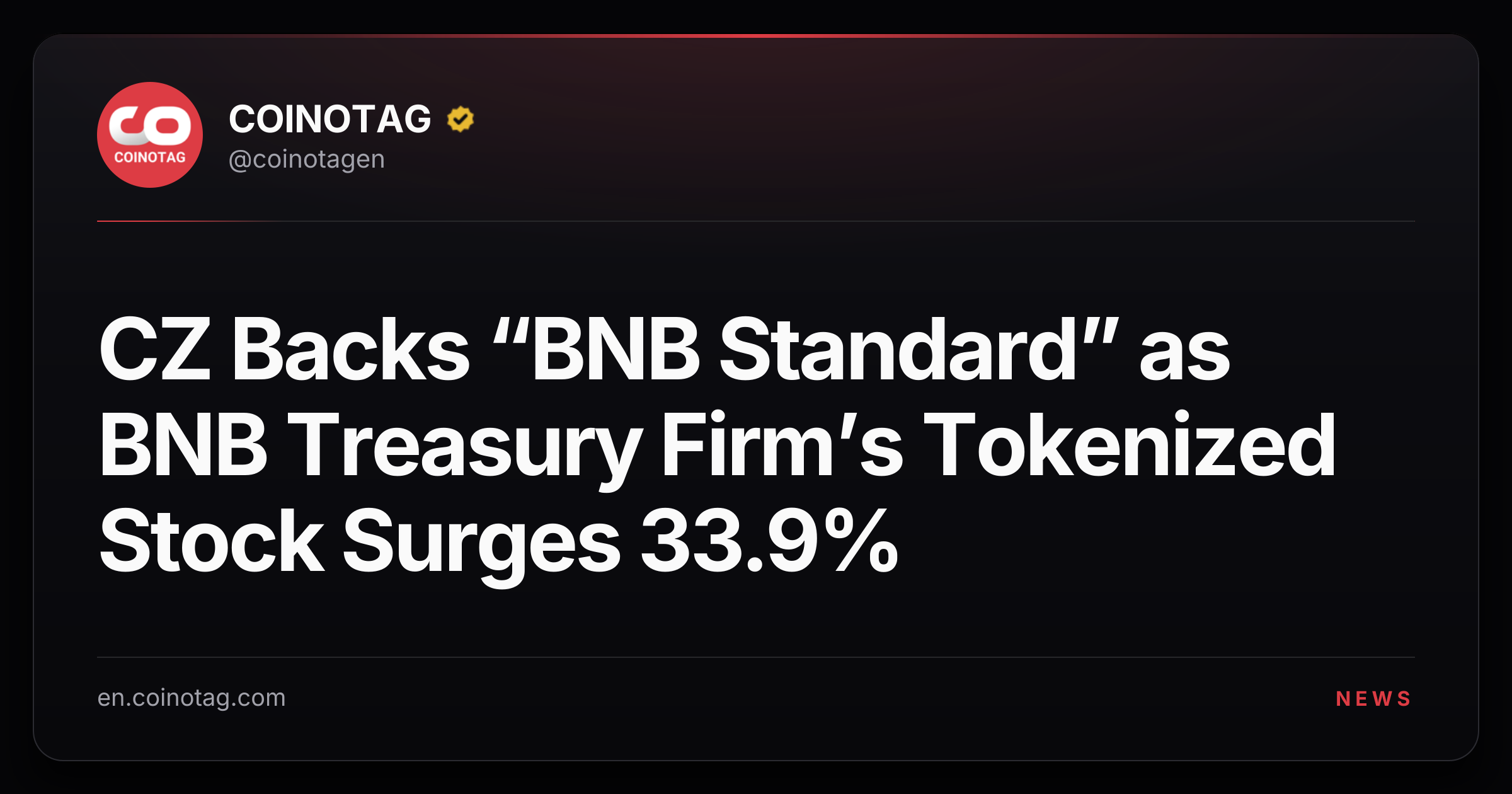CZ Backs “BNB Standard” as BNB Treasury Firm’s Tokenized Stock Surges 33.9%