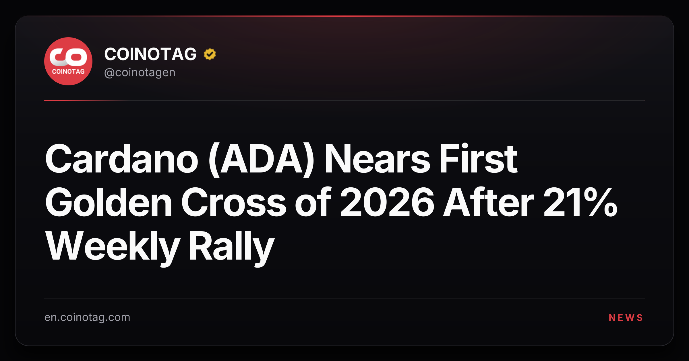 Cardano (ADA) Nears First Golden Cross of 2026 After 21% Weekly Rally