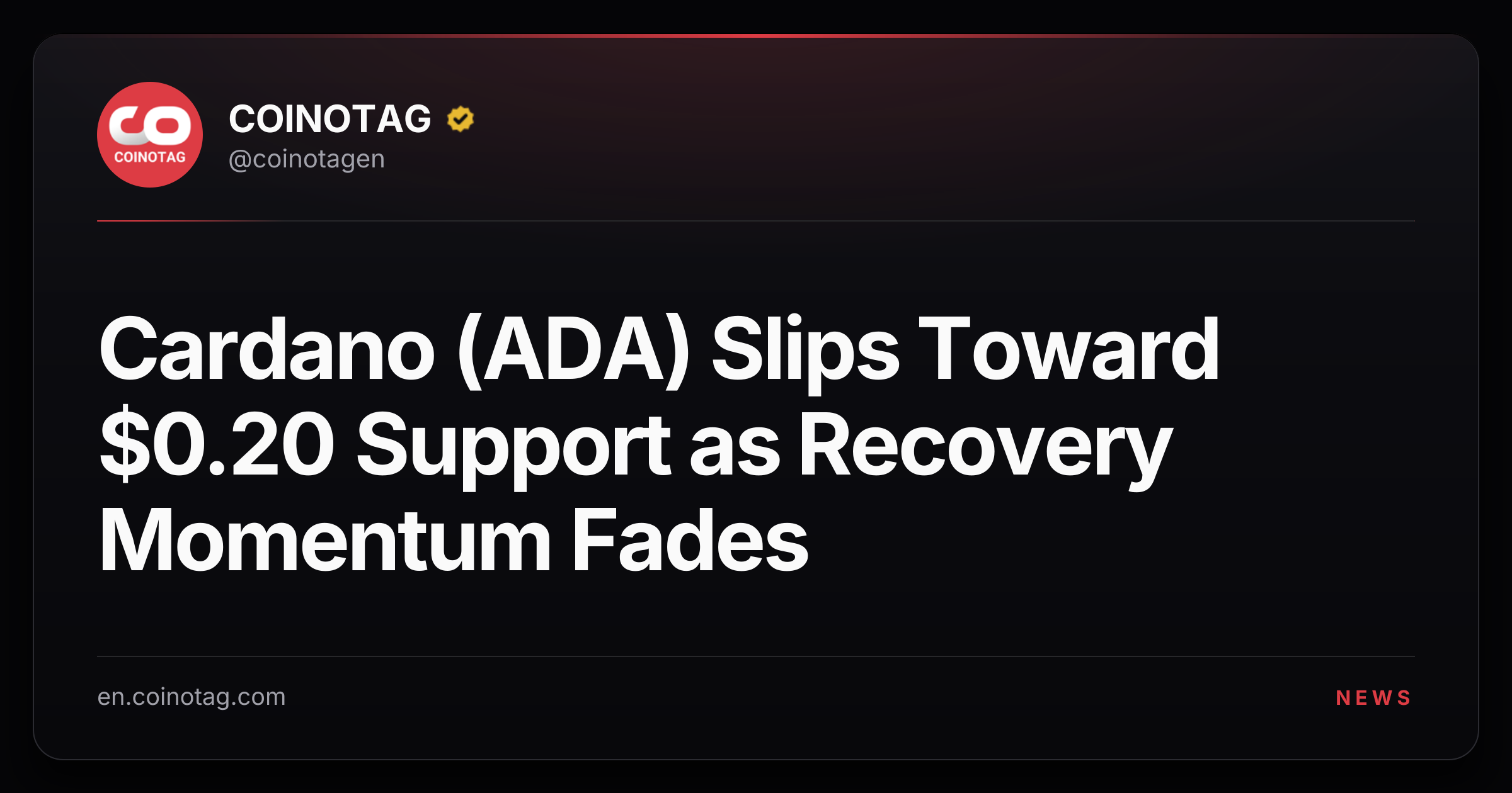 Cardano (ADA) Slips Toward $0.20 Support as Recovery Momentum Fades