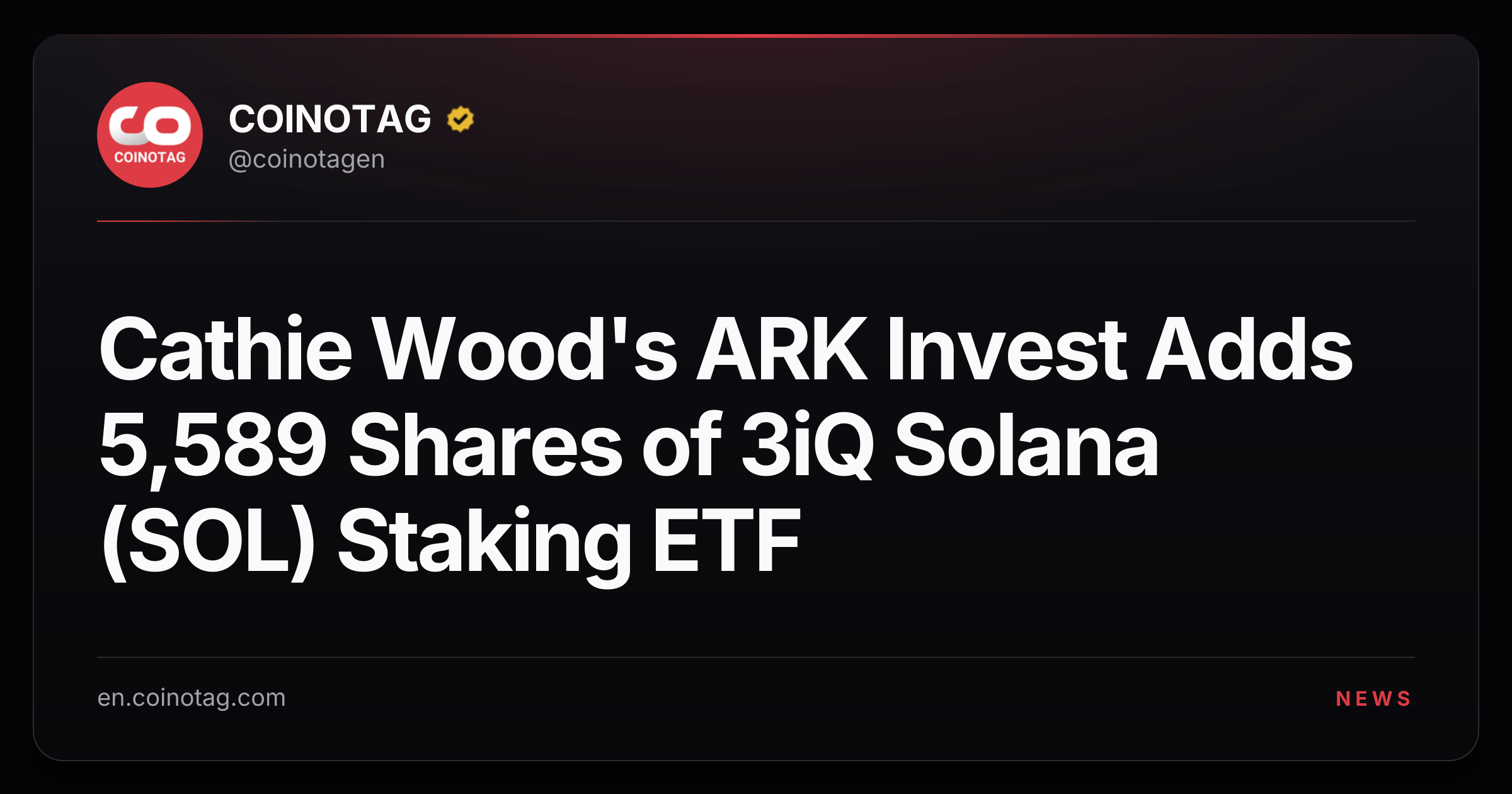 Cathie Wood's ARK Invest Adds 5,589 Shares of 3iQ Solana (SOL) Staking ETF