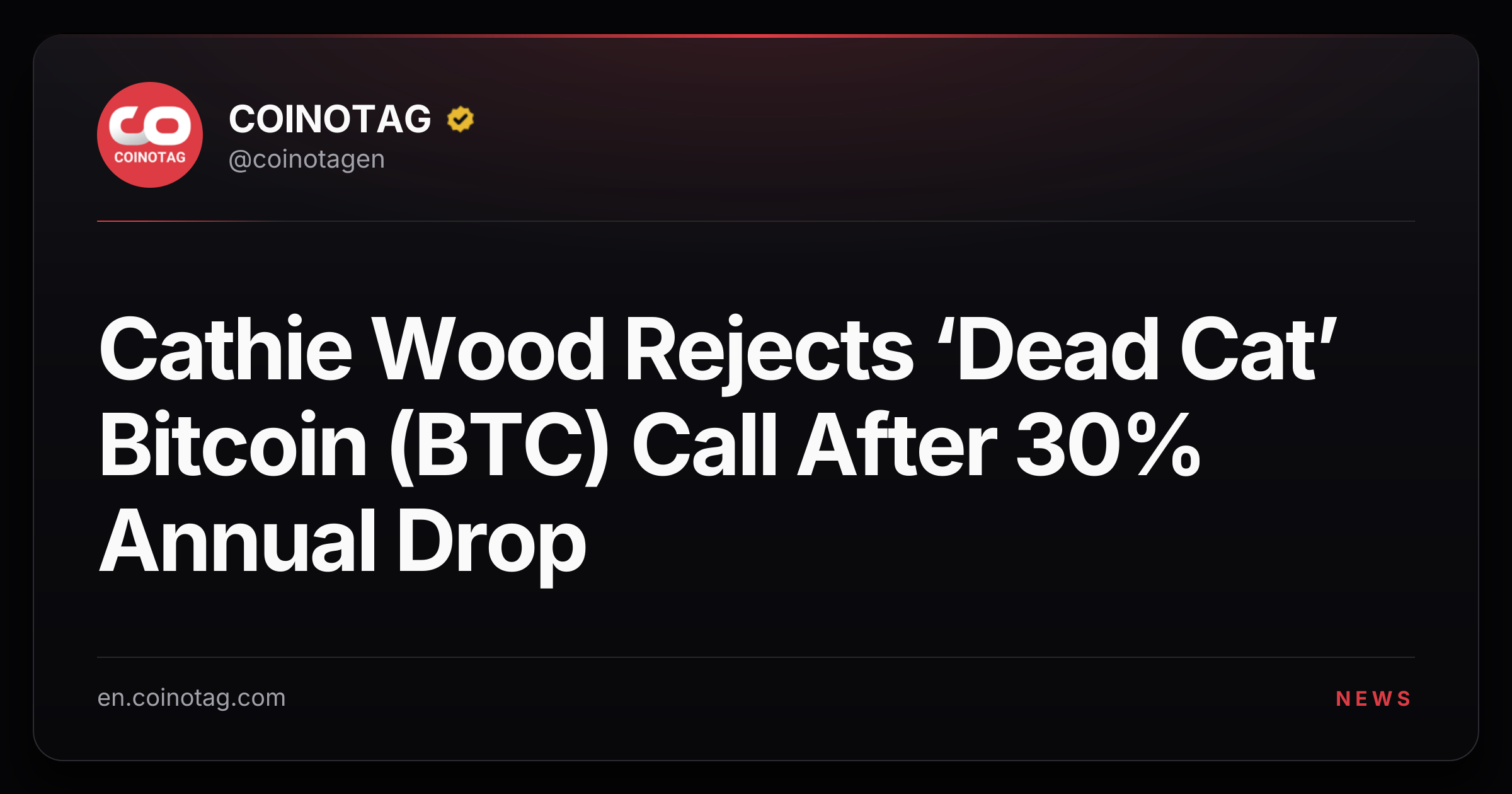 Cathie Wood Rejects ‘Dead Cat’ Bitcoin (BTC) Call After 30% Annual Drop