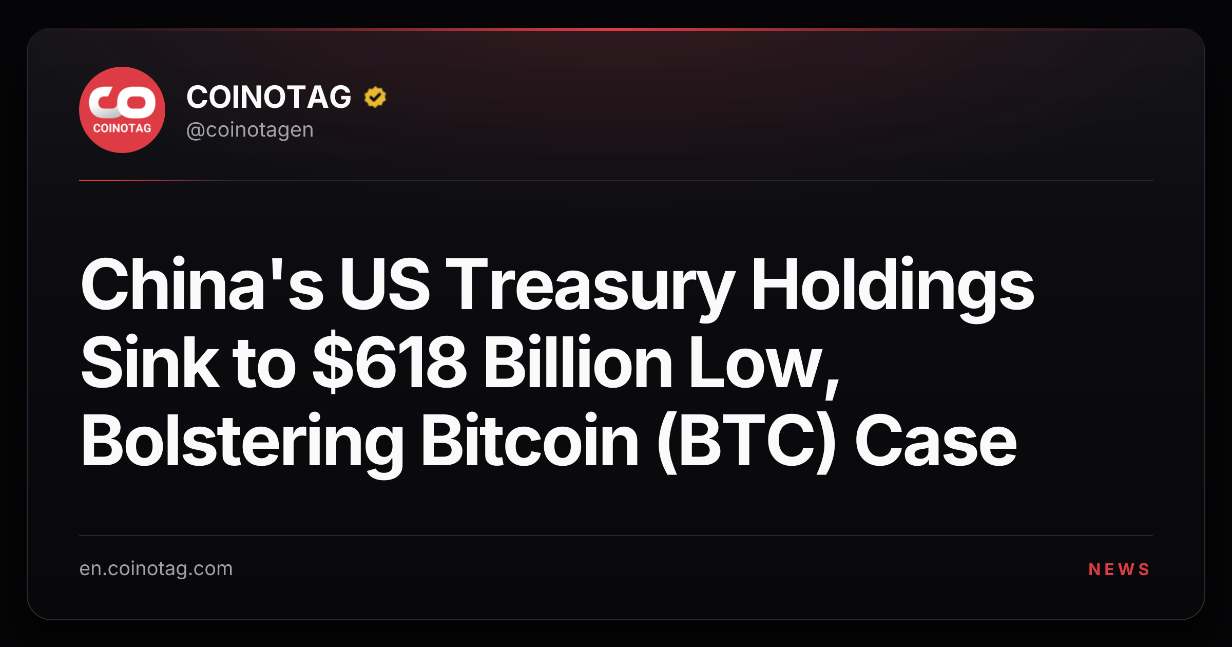 China's US Treasury Holdings Sink to $618 Billion Low, Bolstering Bitcoin (BTC) Case