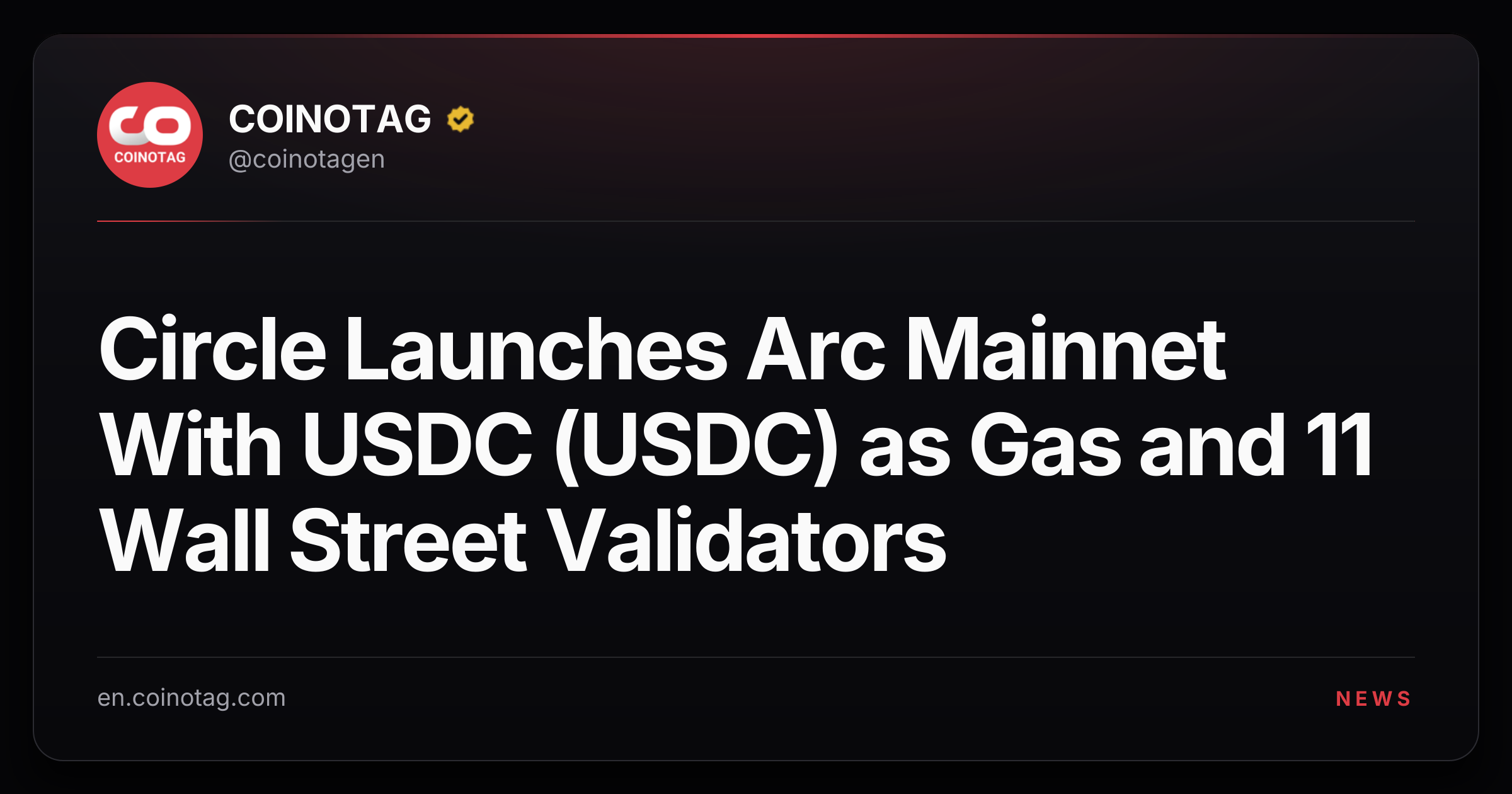 Circle Launches Arc Mainnet With USDC (USDC) as Gas and 11 Wall Street Validators