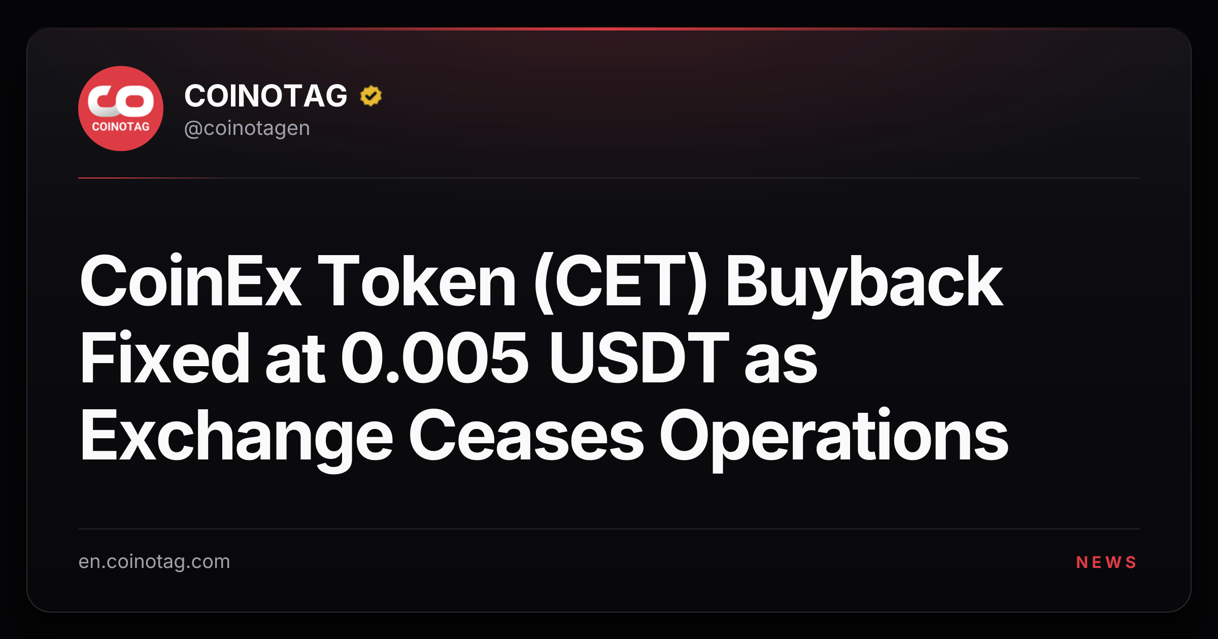 CoinEx Token (CET) Buyback Fixed at 0.005 USDT as Exchange Ceases Operations