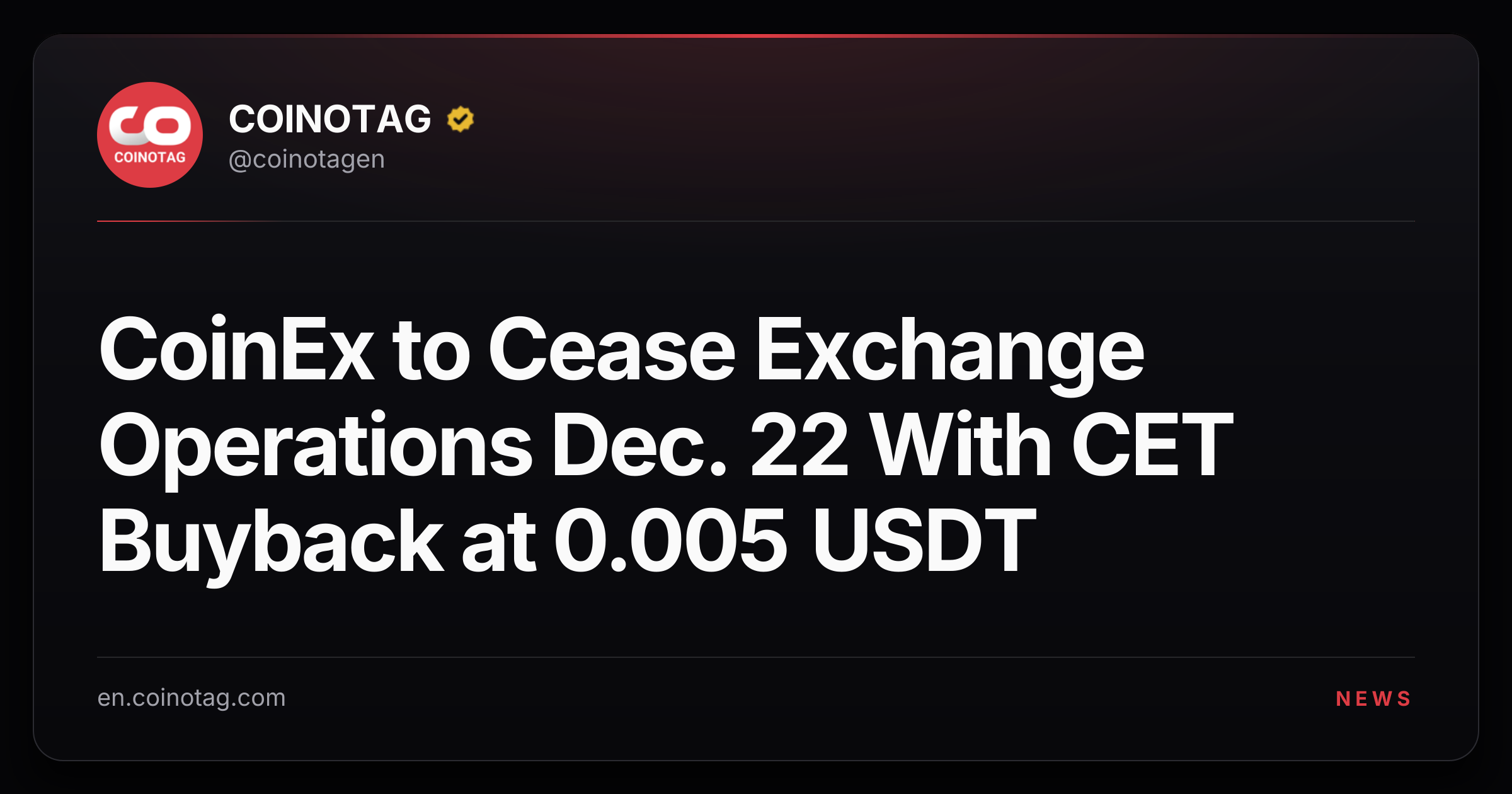 CoinEx to Cease Exchange Operations Dec. 22 With CET Buyback at 0.005 USDT
