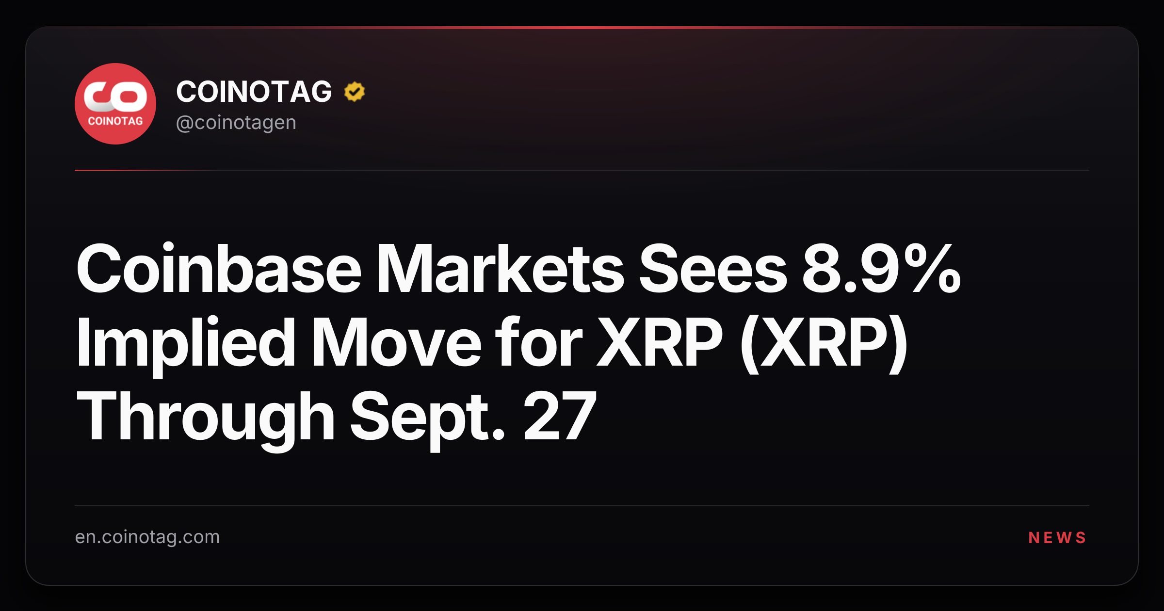 Coinbase Markets Sees 8.9% Implied Move for XRP (XRP) Through Sept. 27