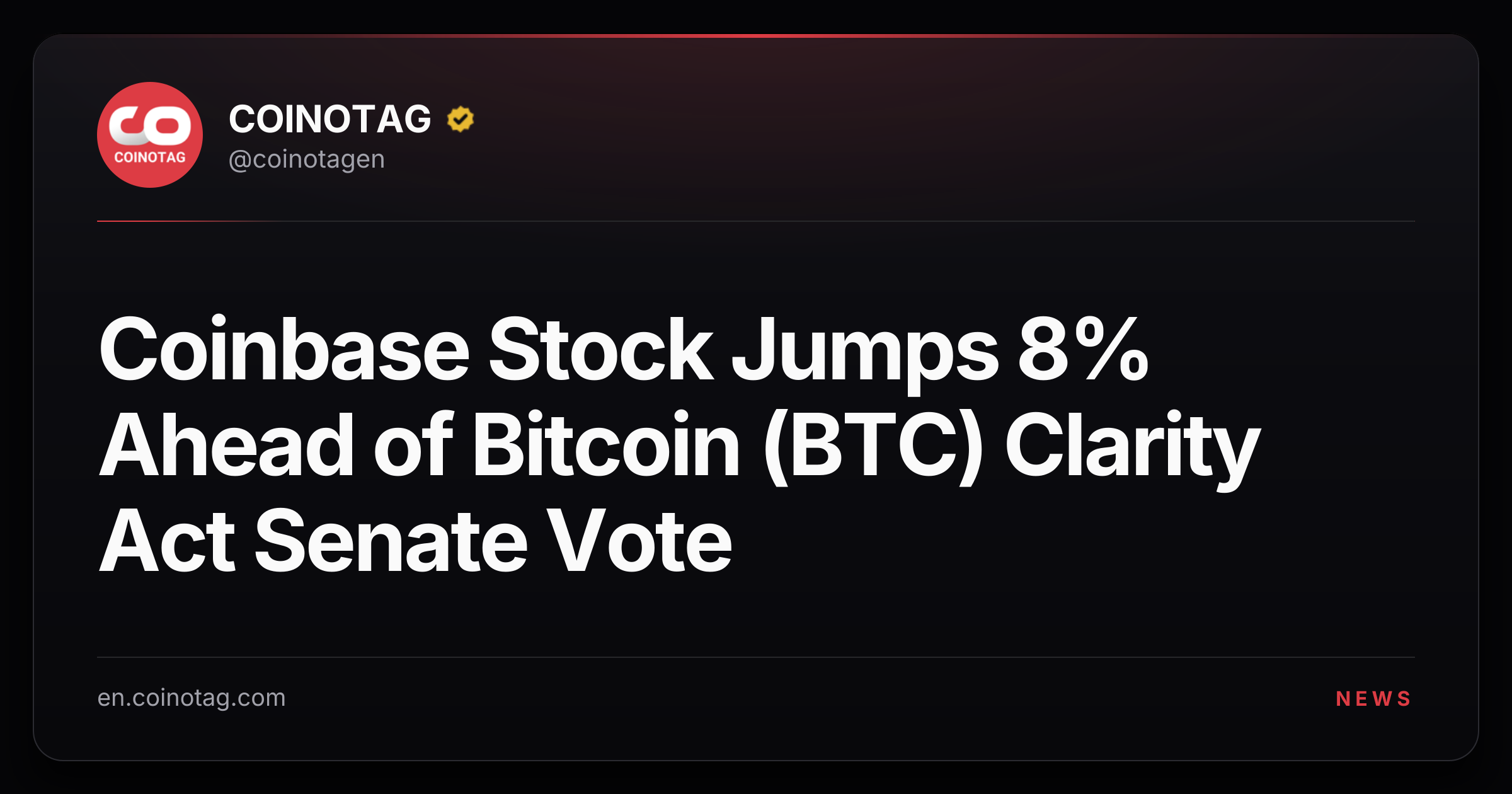 Coinbase Stock Jumps 8% Ahead of Bitcoin (BTC) Clarity Act Senate Vote