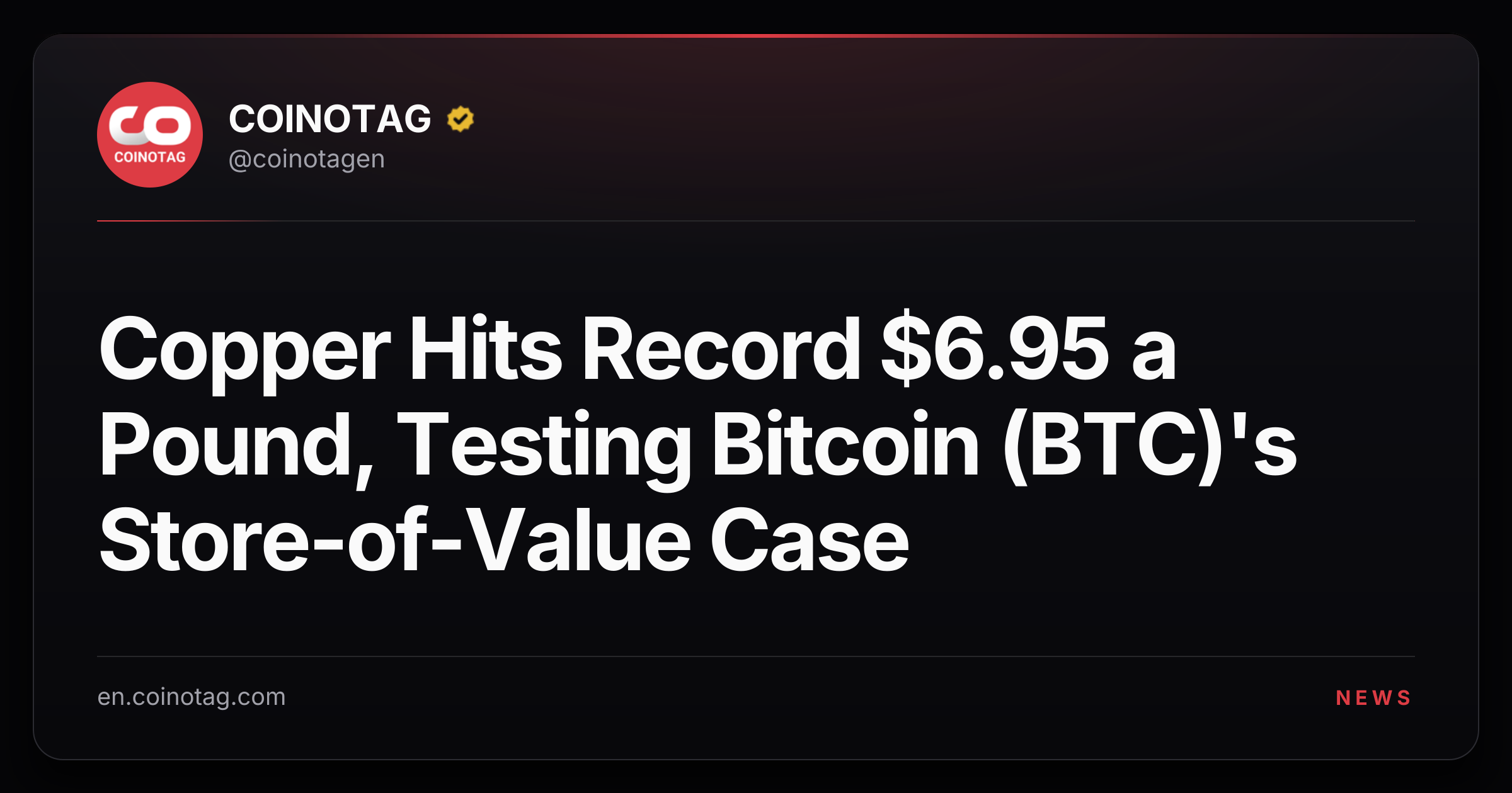 Copper Hits Record $6.95 a Pound, Testing Bitcoin (BTC)'s Store-of-Value Case