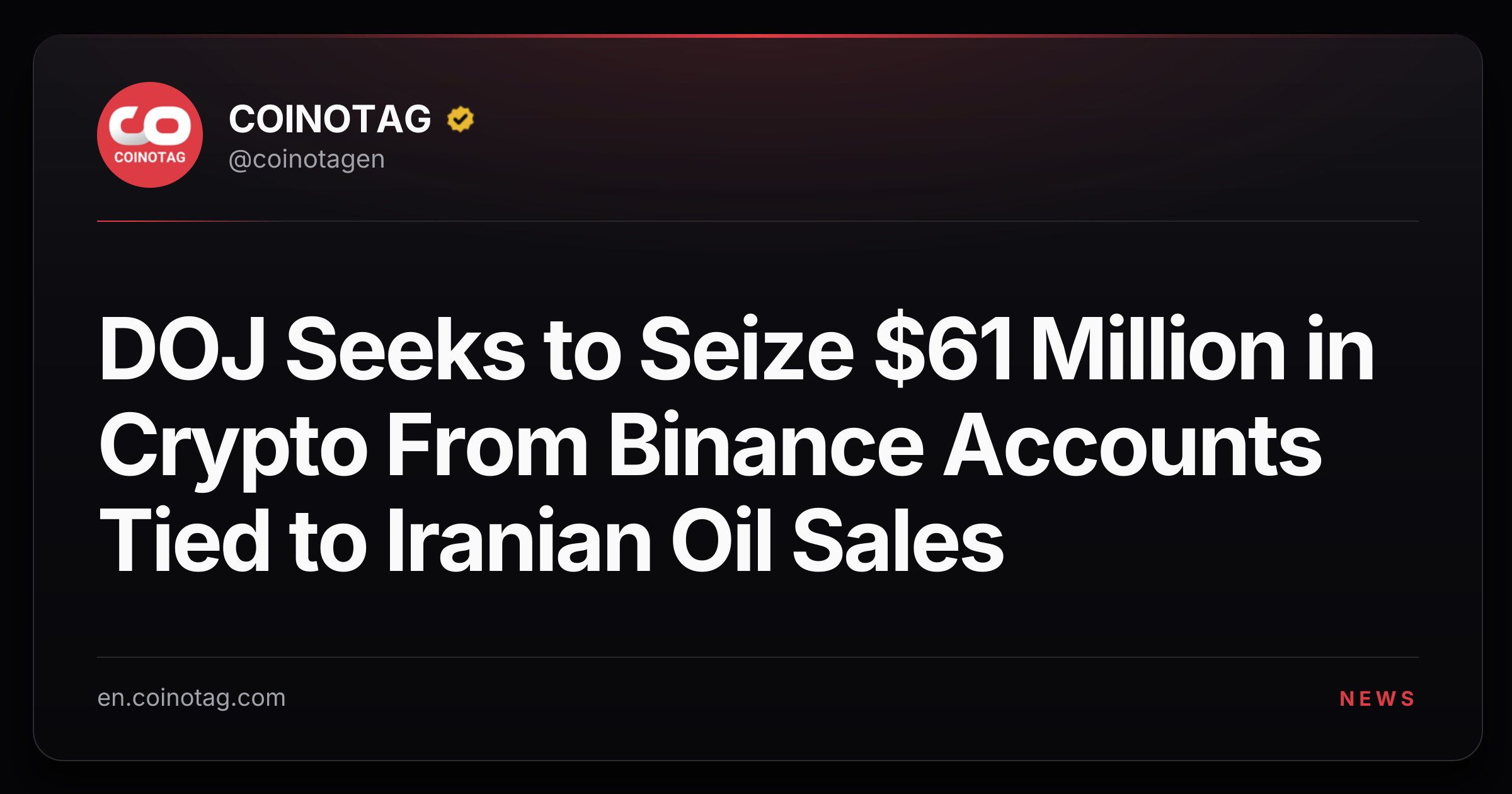 DOJ Seeks to Seize $61 Million in Crypto From Binance Accounts Tied to Iranian Oil Sales