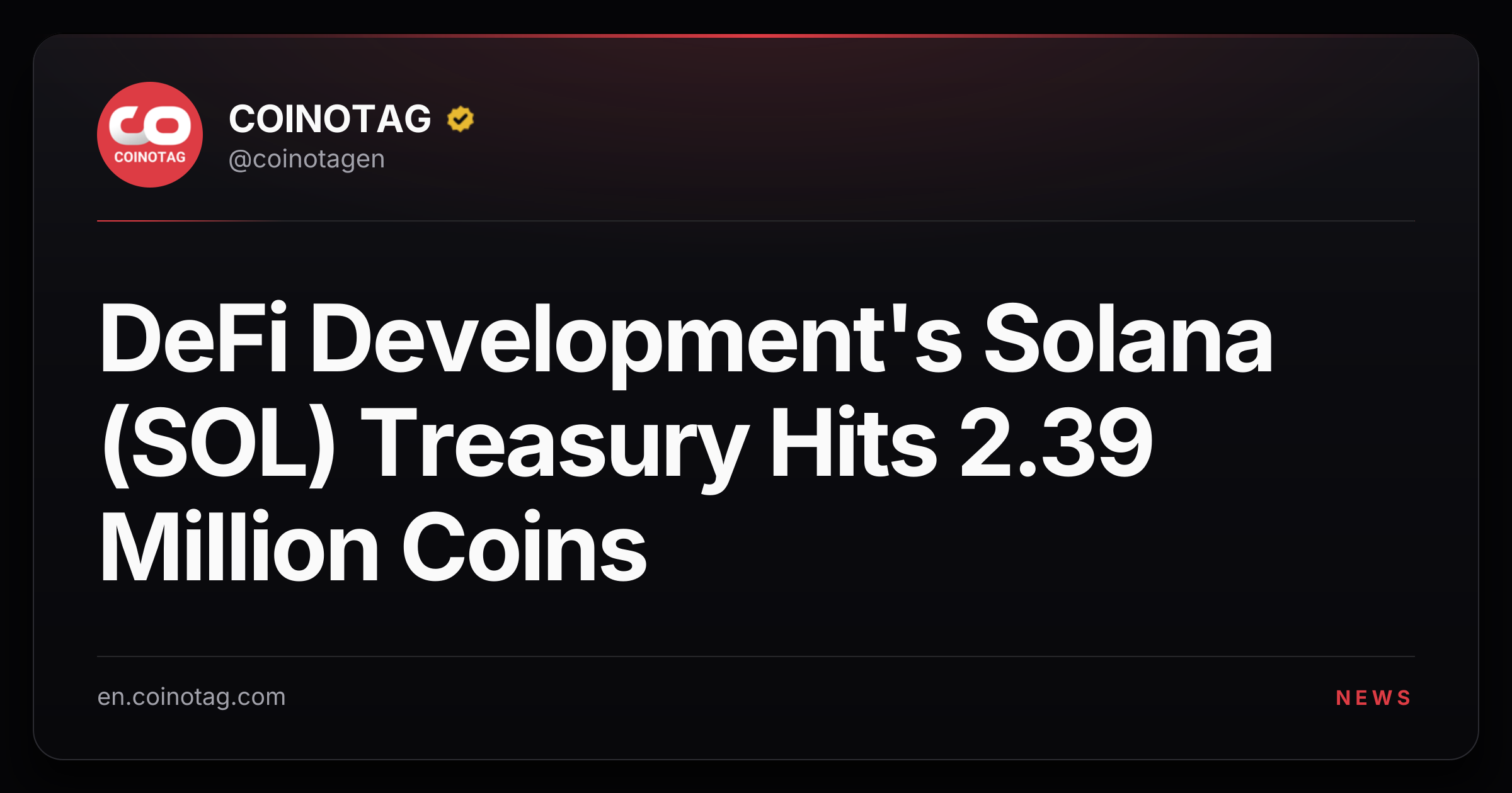 DeFi Development's Solana (SOL) Treasury Hits 2.39 Million Coins