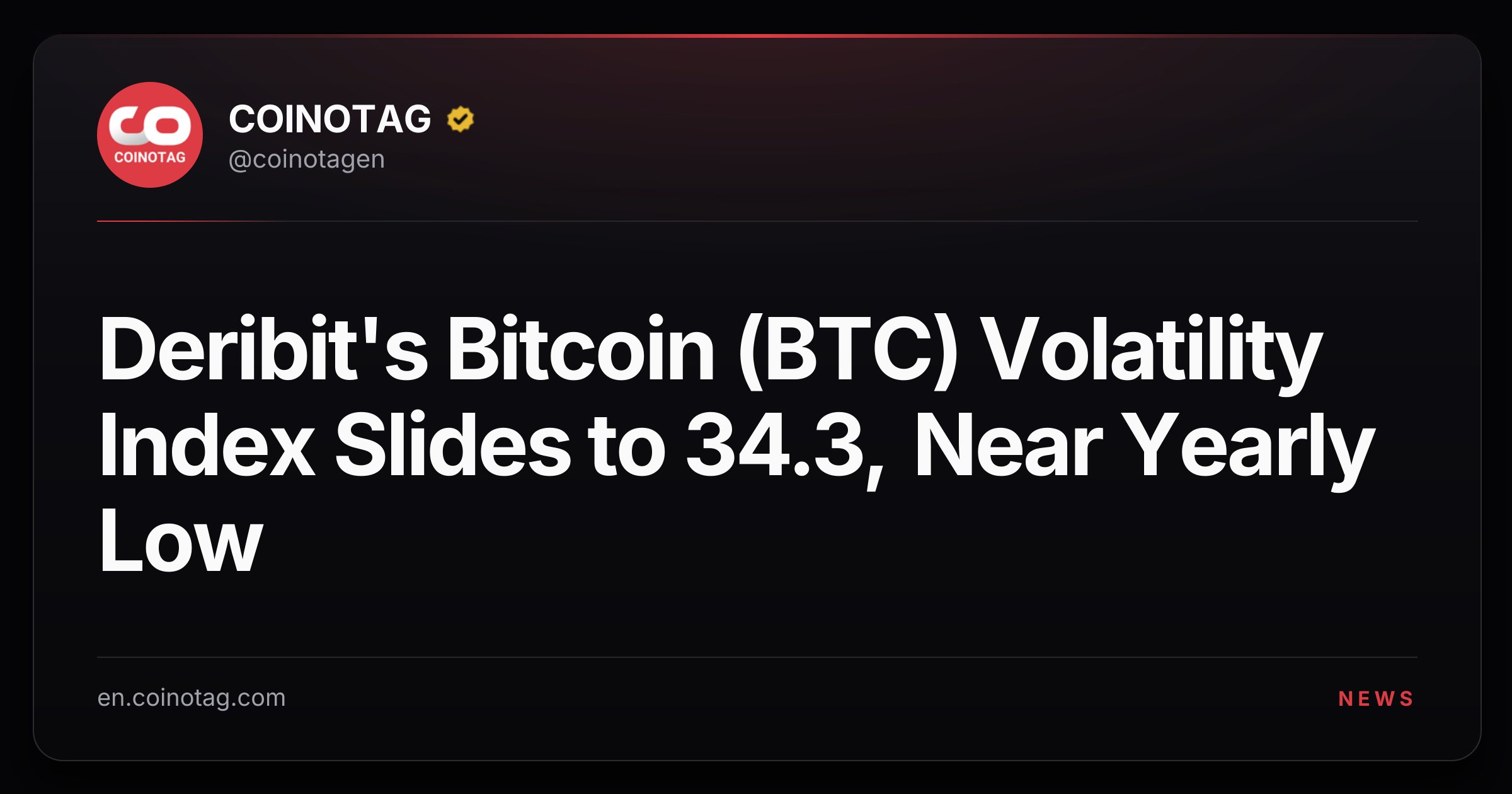 Deribit's Bitcoin (BTC) Volatility Index Slides to 34.3, Near Yearly Low