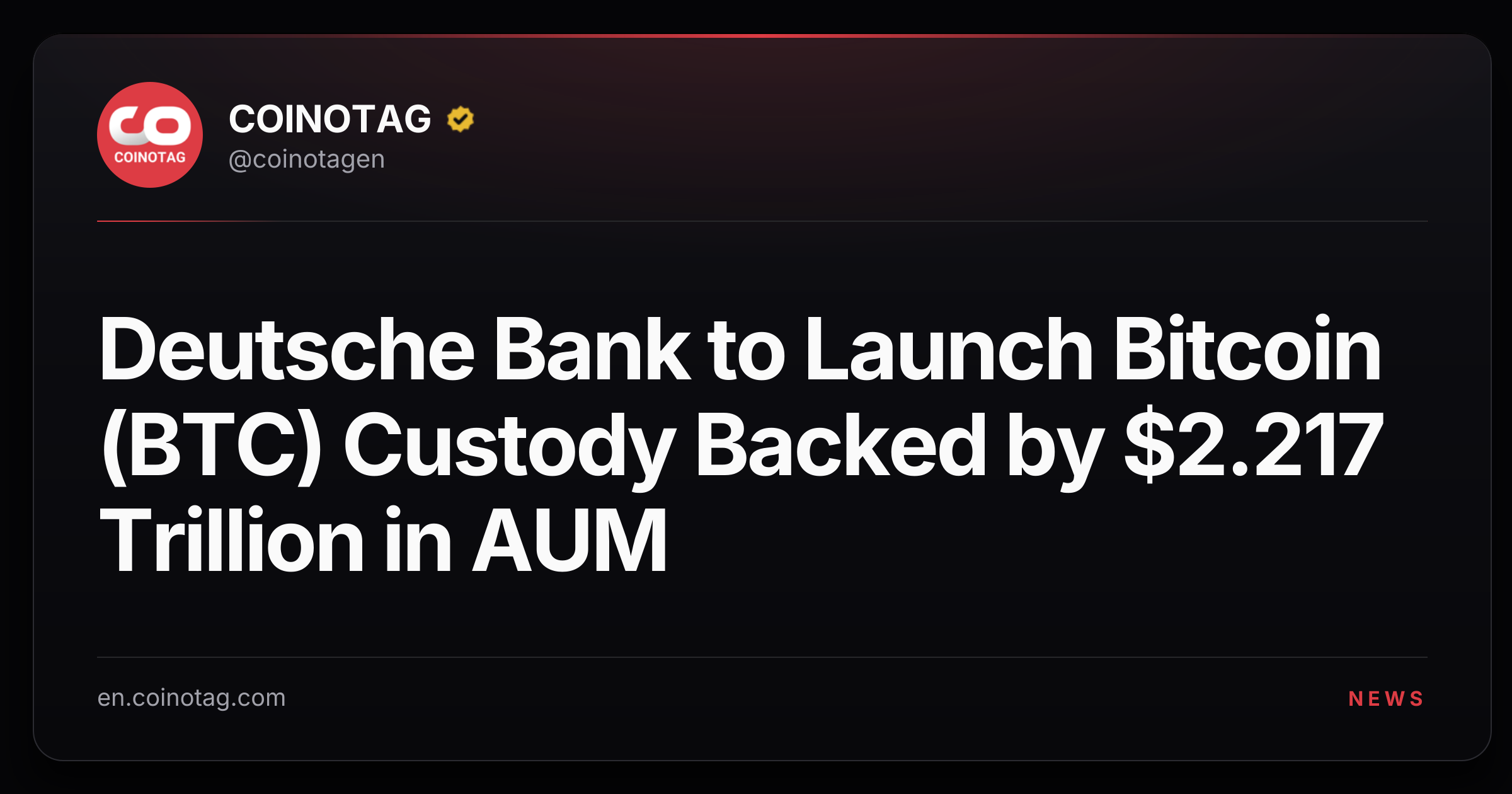 Deutsche Bank to Launch Bitcoin (BTC) Custody Backed by $2.217 Trillion in AUM