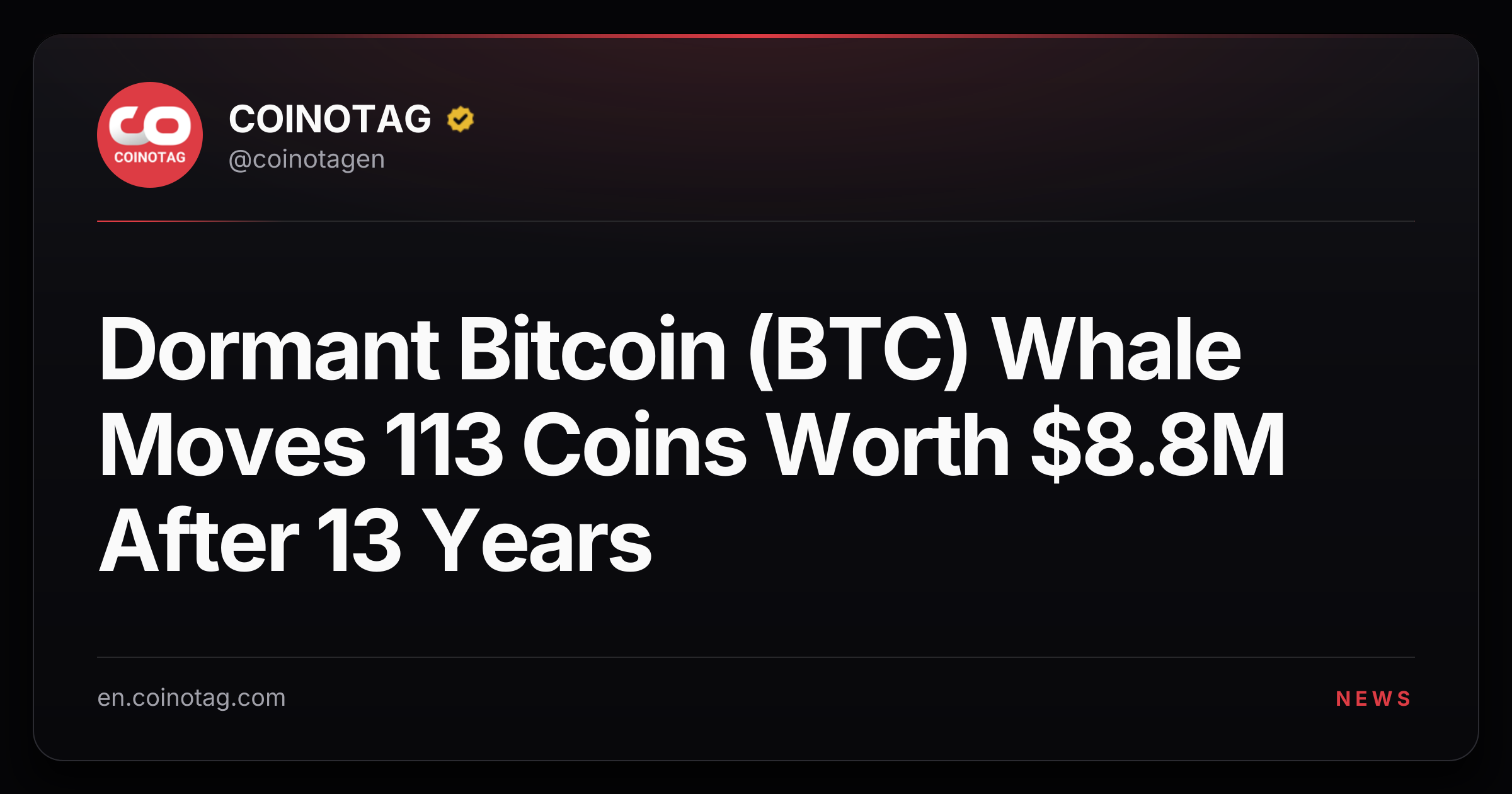 Dormant Bitcoin (BTC) Whale Moves 113 Coins Worth $8.8M After 13 Years