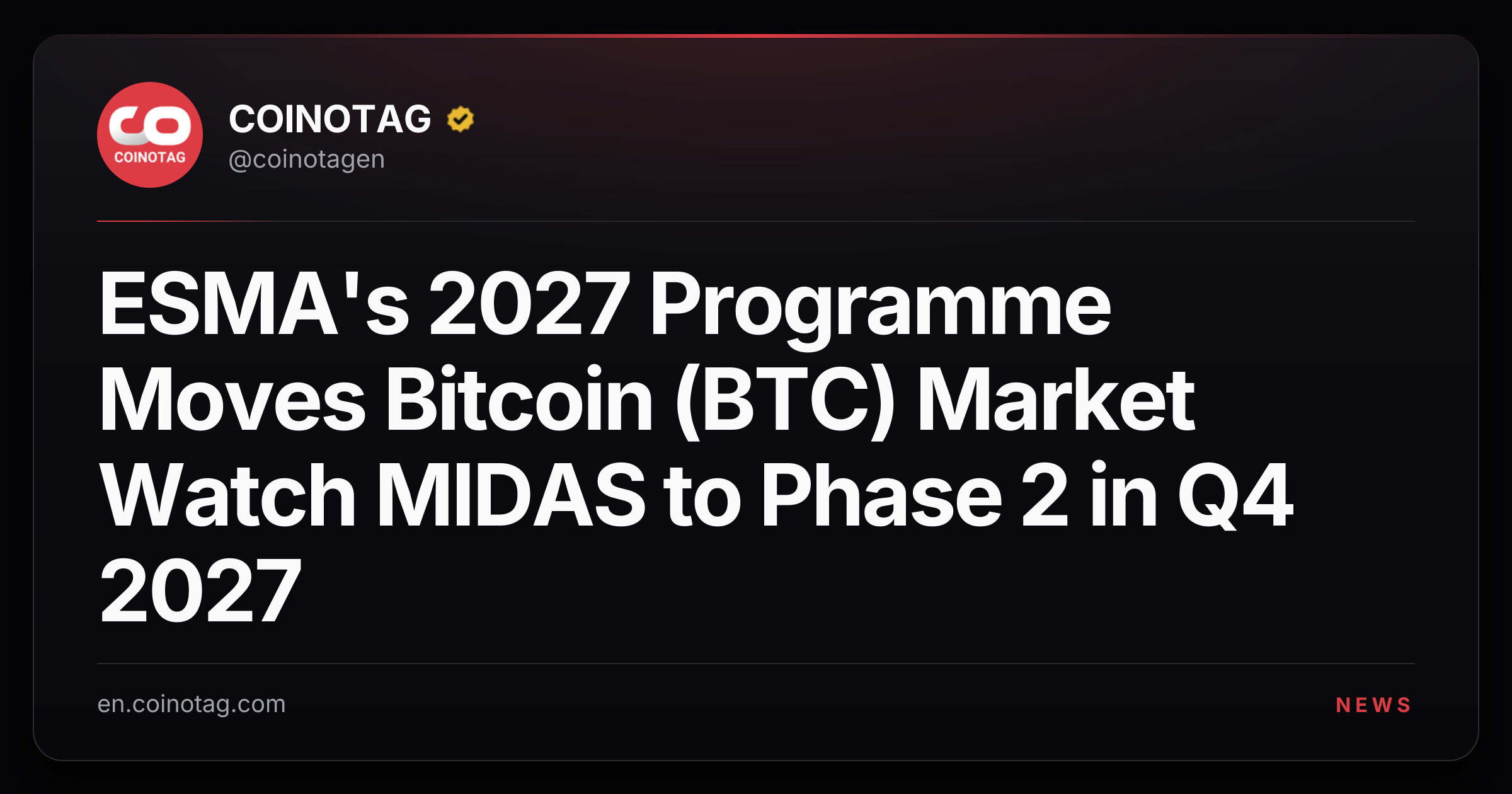 ESMA's 2027 Programme Moves Bitcoin (BTC) Market Watch MIDAS to Phase 2 in Q4 2027